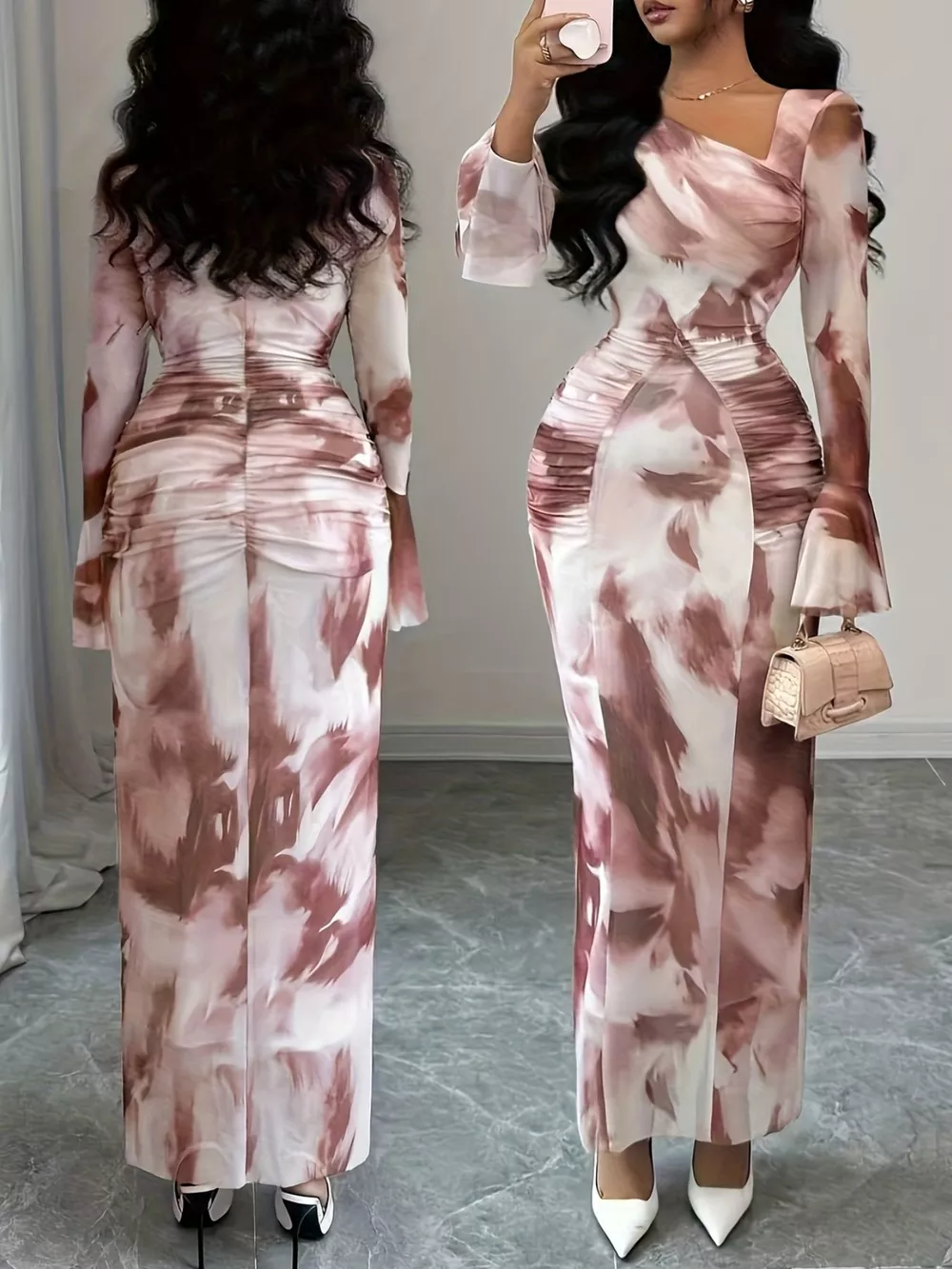Asymmetrical Neck Long Sleeve Maxi Dress, image 3