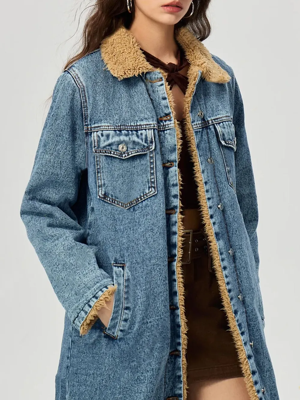 Pocketed Button Up Denim Jacket with Fur Lining, image 2