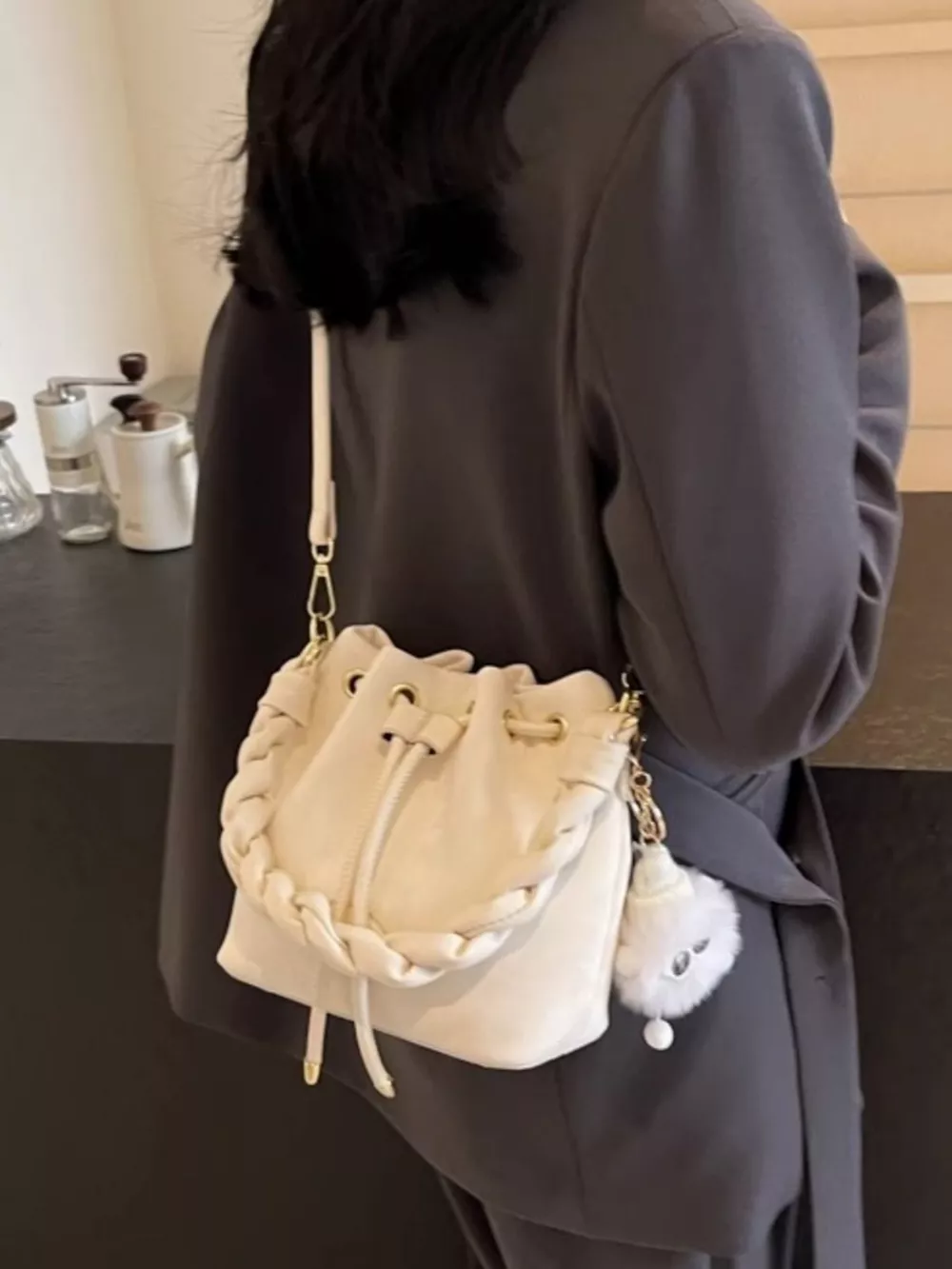 Chunky Chain Trim Drawstring Bucket Crossbody Bag, image 6