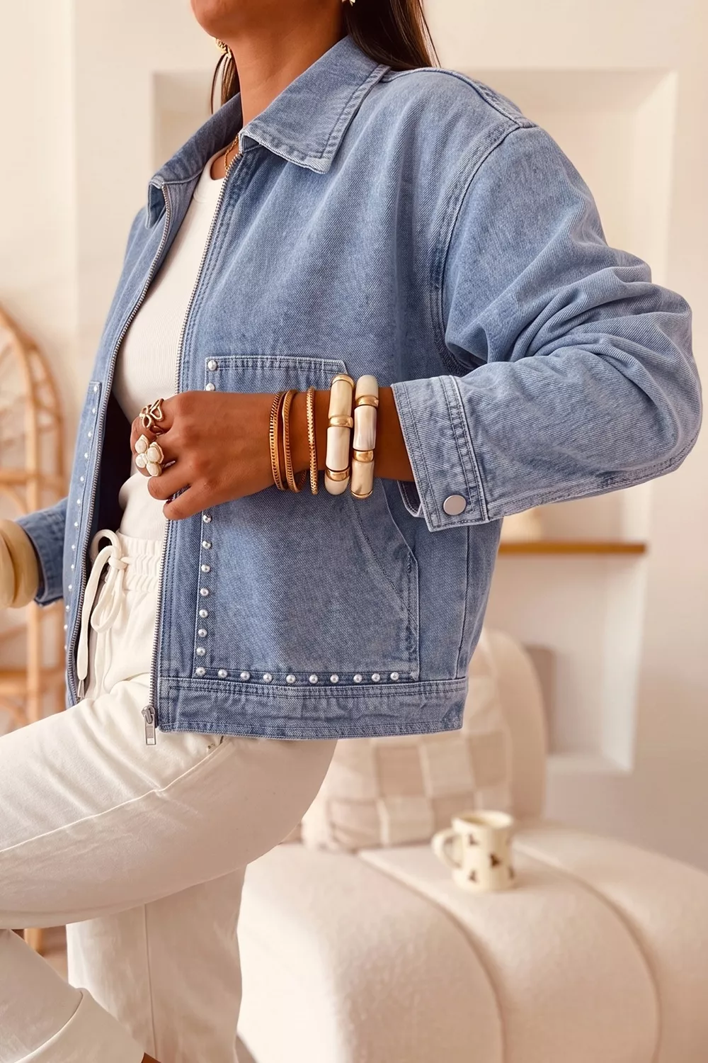 Studded Metal Zipper Rivet Pockets Long Sleeve Denim Jacket, image 5