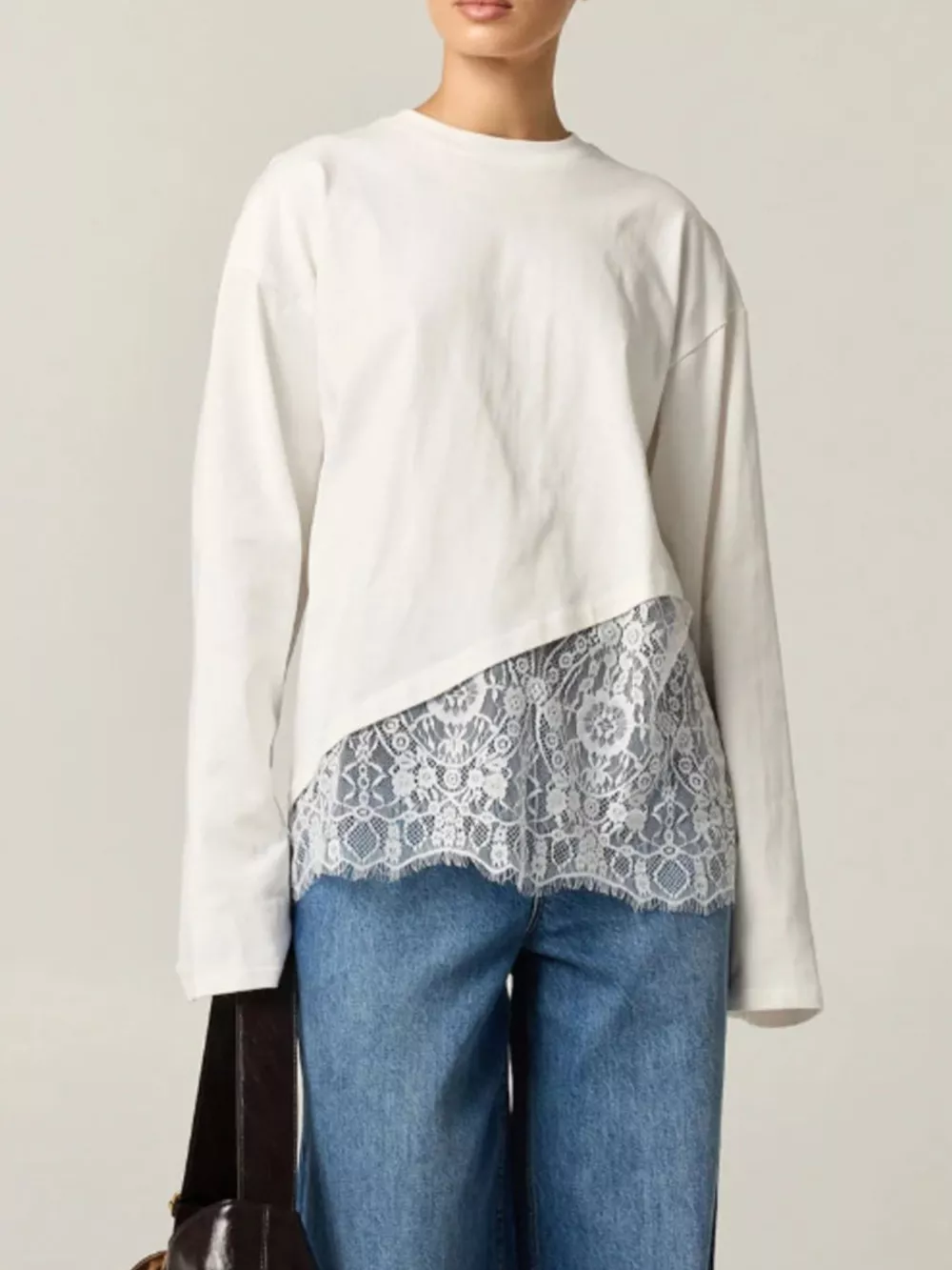 Long-Sleeve T-Shirt with Asymmetric Lace Hem, image 6