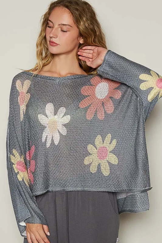Flower Dropped Shoulder Long Sleeve Knit Top, image 2
