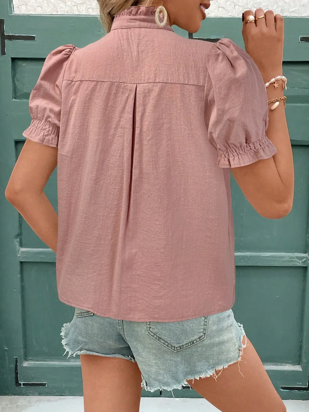 Embroidered Frill Notched Short Sleeve Blouse, image 7