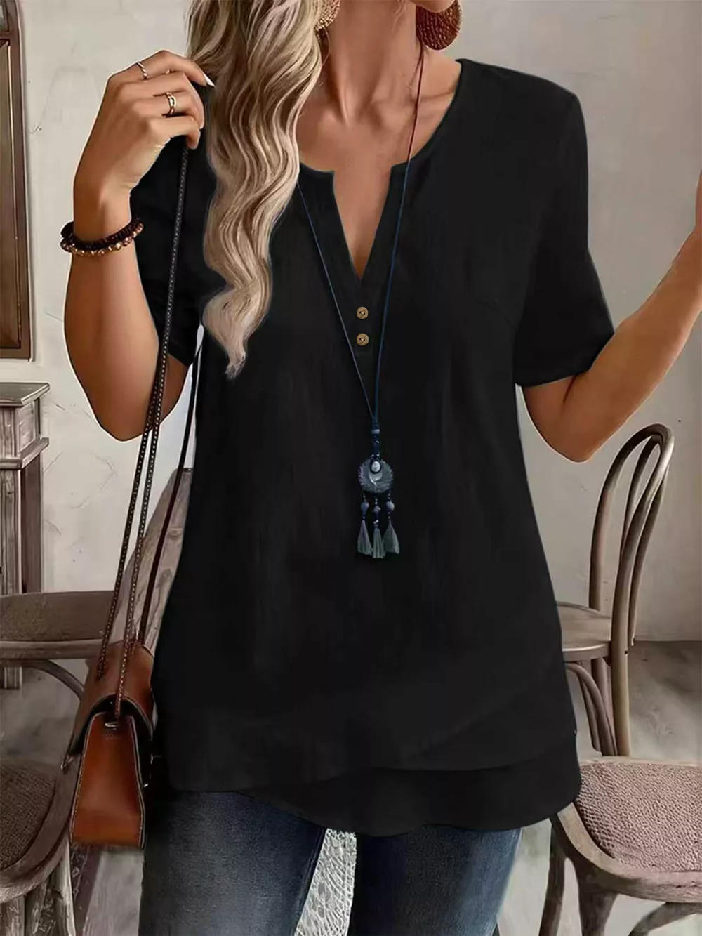 Notched Short Sleeve Blouse