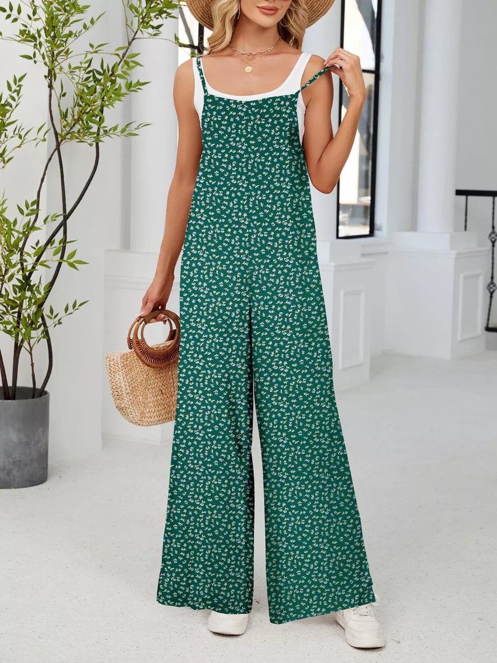 Full Size Floral Print Wide Leg Spaghetti Strap Overalls Plus Size, image 13