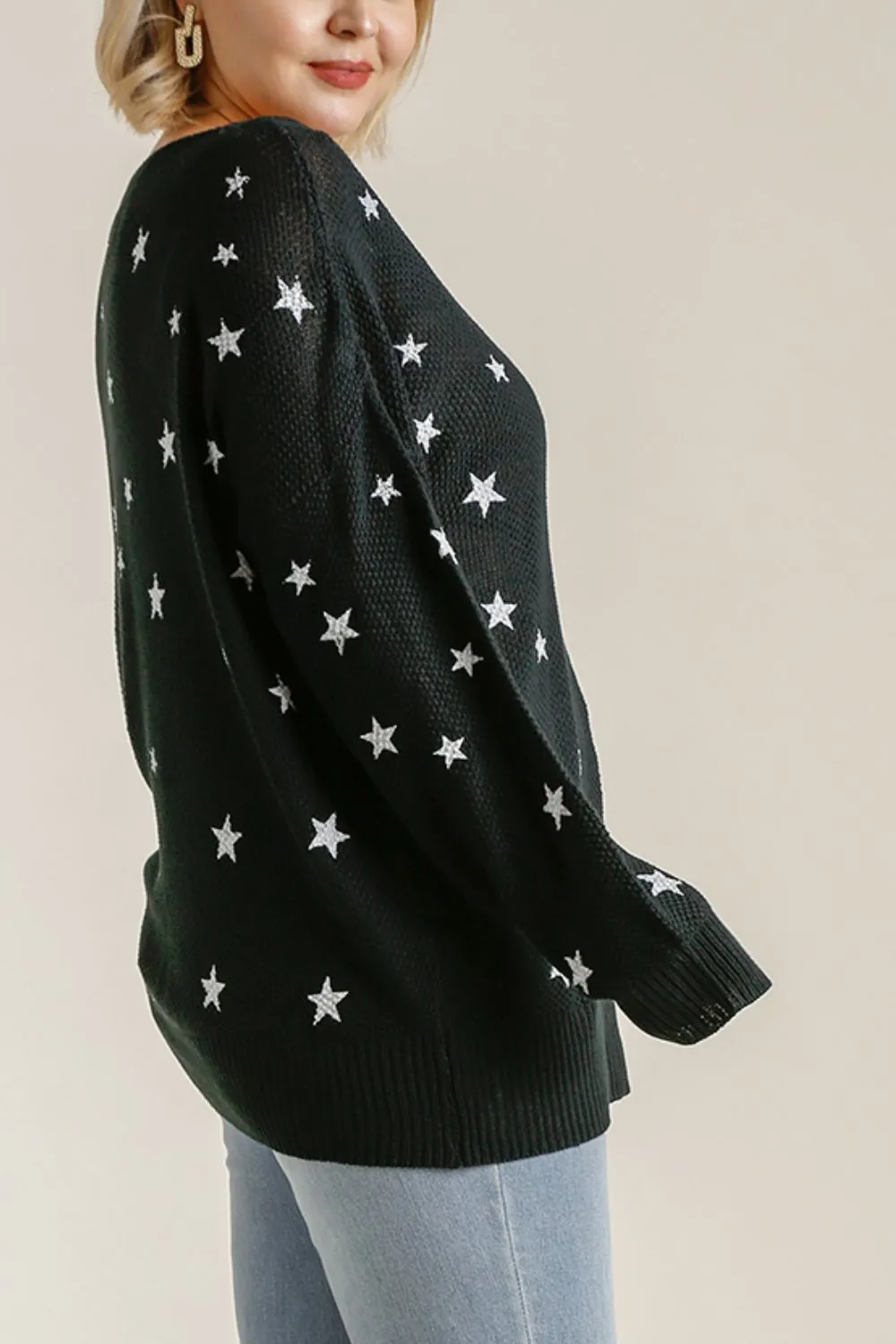 Full Size Star V-Neck Long Sleeve Sweater Plus Size, image 4