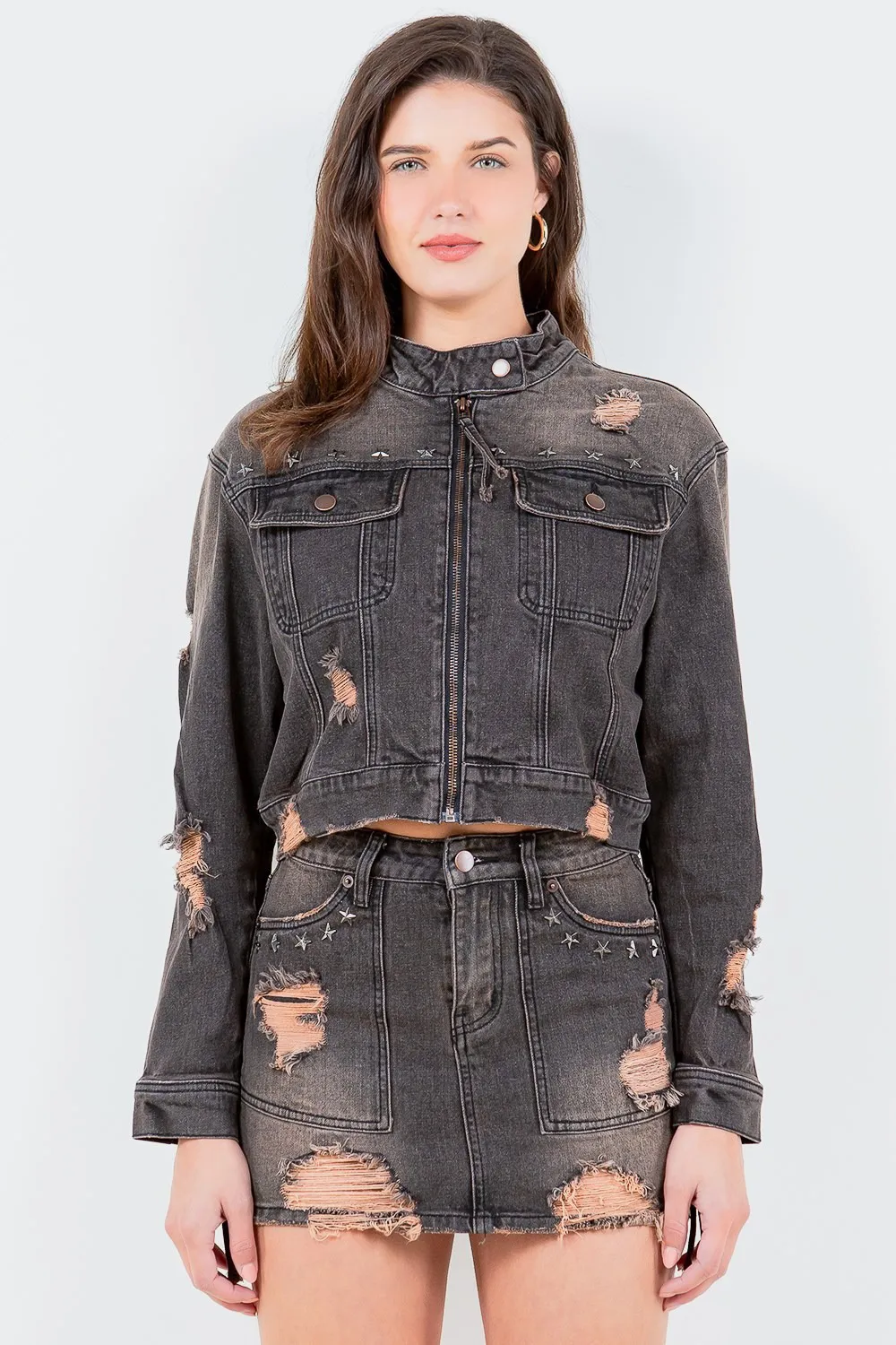 Full Size Distressed Star Stud Trim Denim Rider Jacket Plus Size