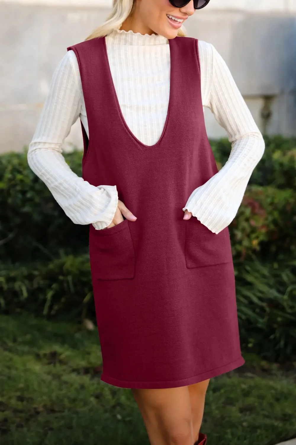 Pocketed V-Neck Mini Sweater Overall Dress, image 10