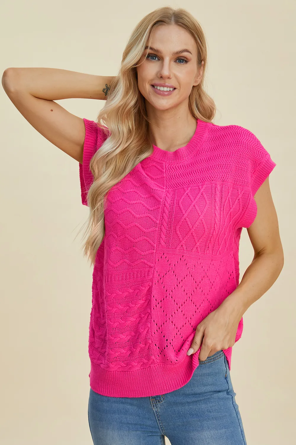 Full Size Cable-Knit Round Neck Cap Sleeve Sweater, image 18