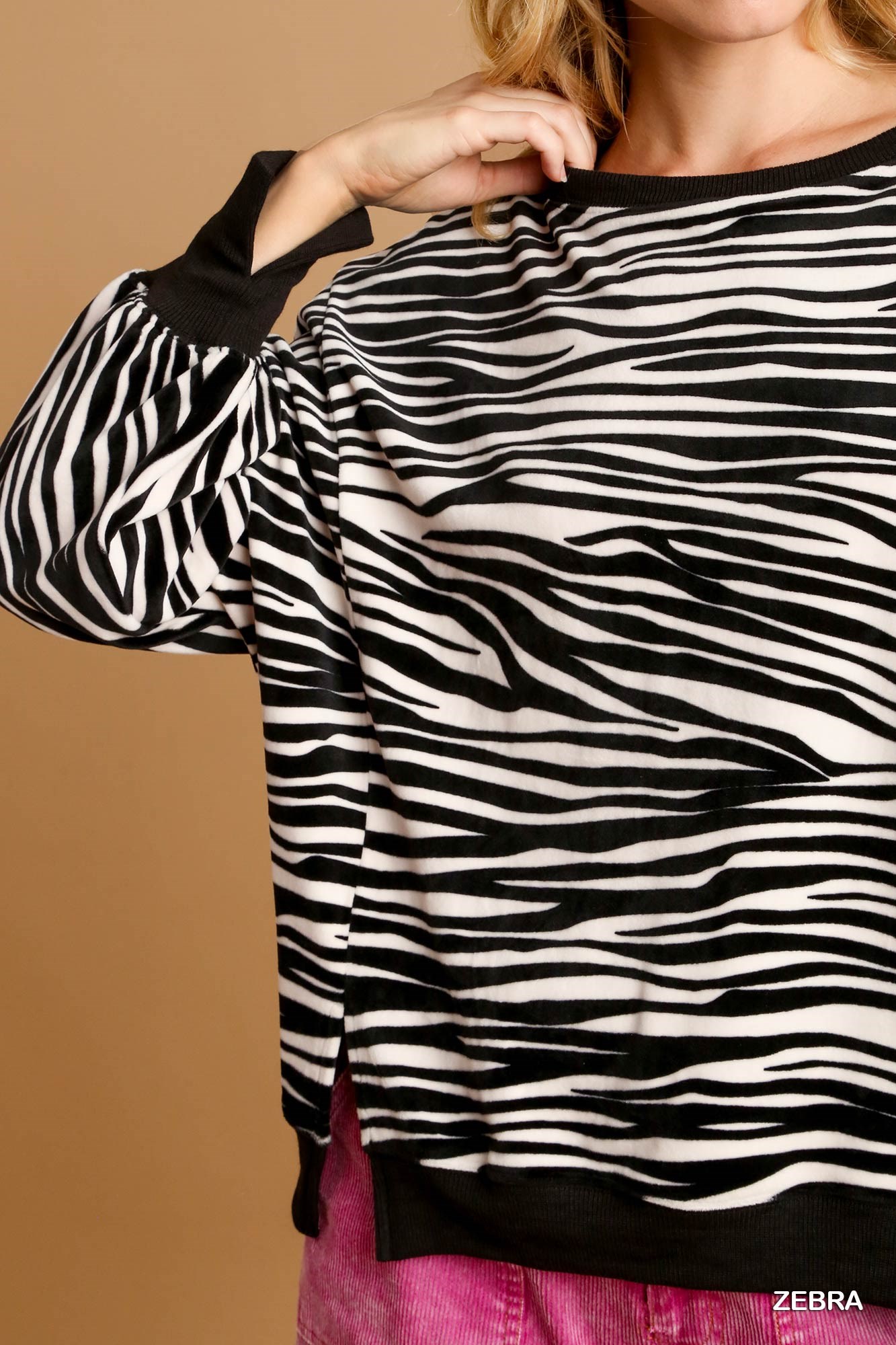 Zebra Striped Fleece Pullover Sweater Shirt, image 3