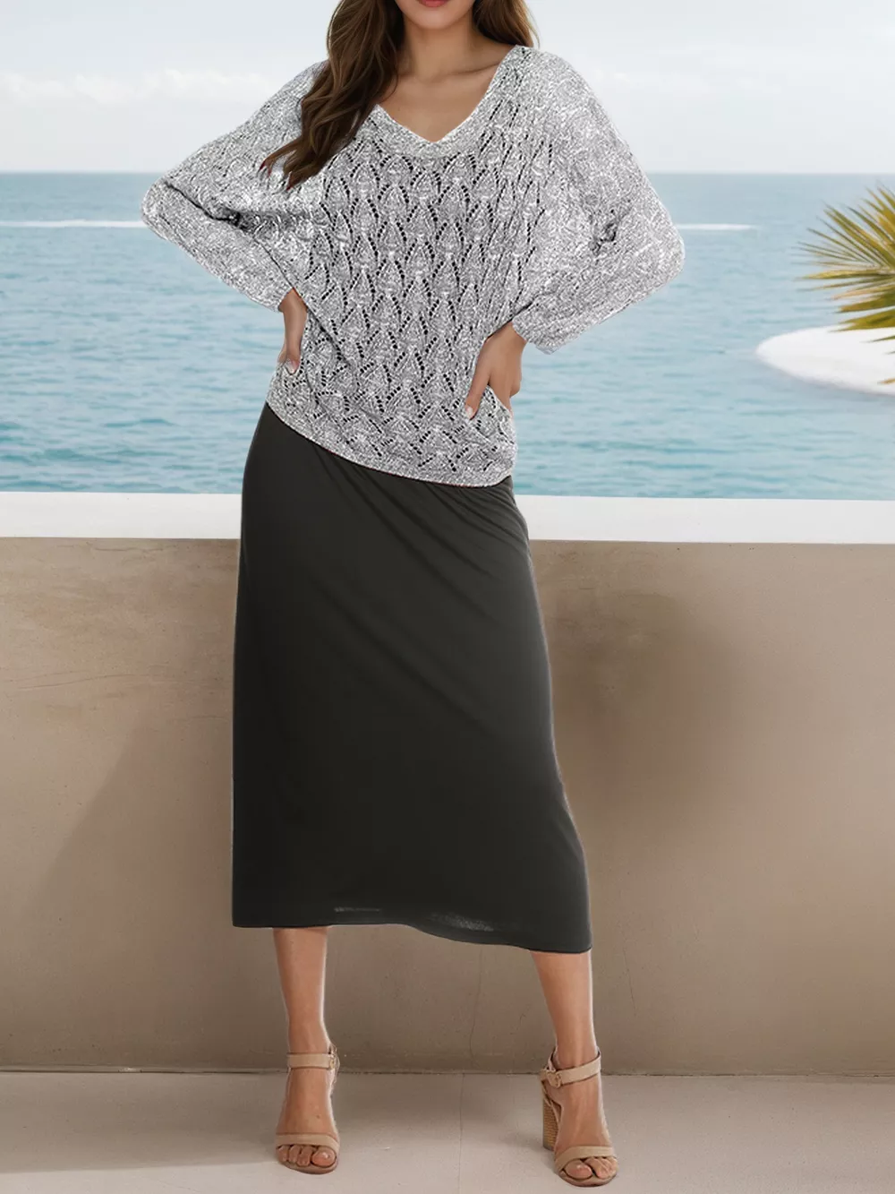 V-Neck Textured Knit Top, image 12