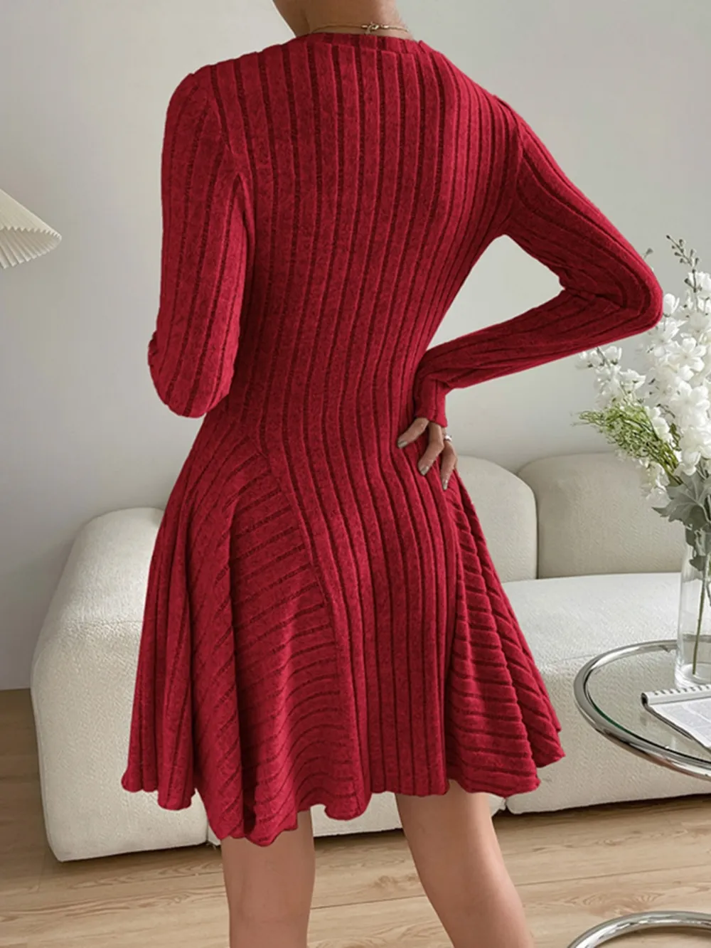 Ribbed Round Neck Long Sleeve Dress, image 3
