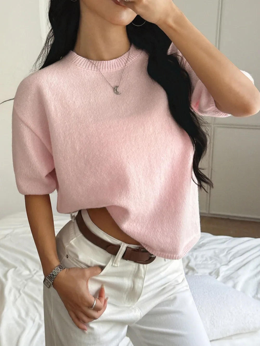 Ribbed Hem Round Neck Sweater, image 7