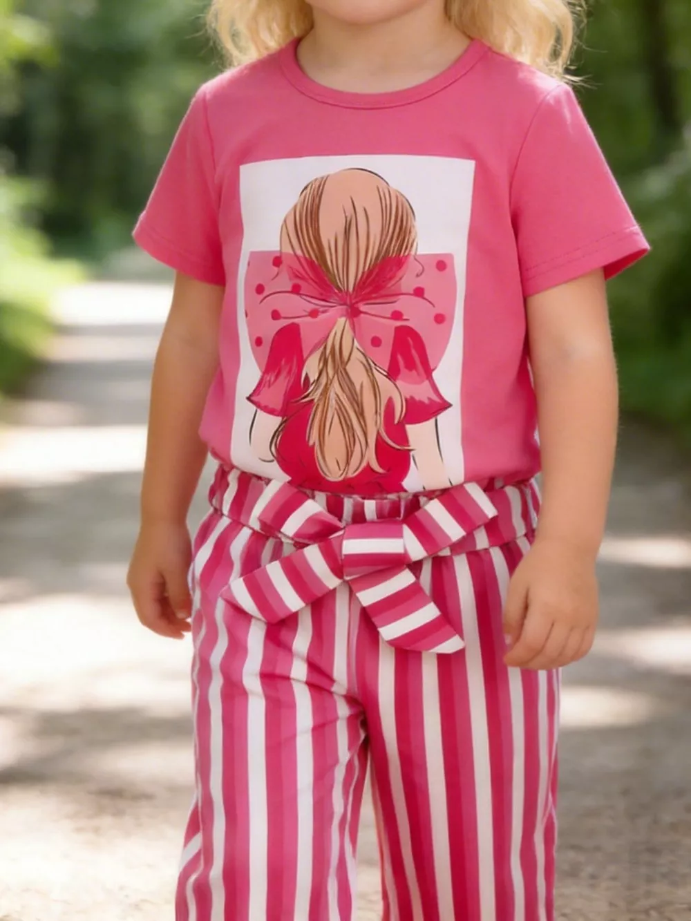 Children's Girly Bowknot T-Shirt & Striped Pants Set