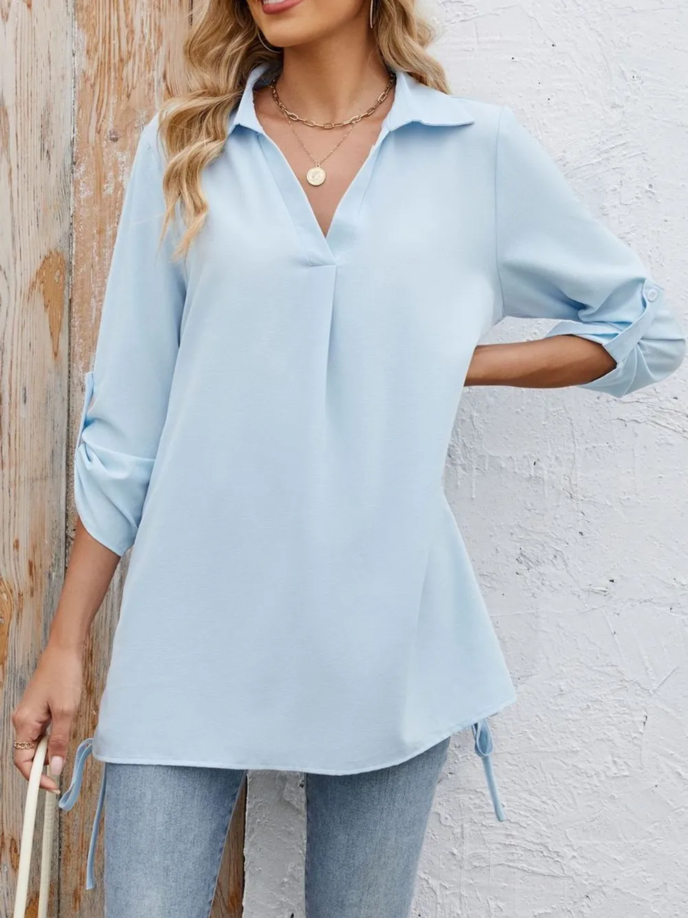 Drawstring Johnny Collared Three-Quarter Sleeve Top, image 9