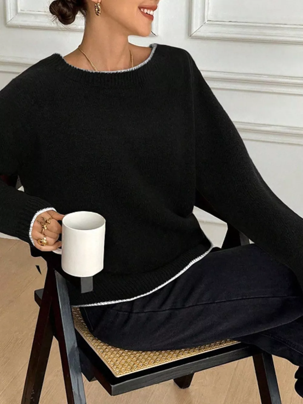 Back Bowknot Decor Round Neck Sweater, image 5