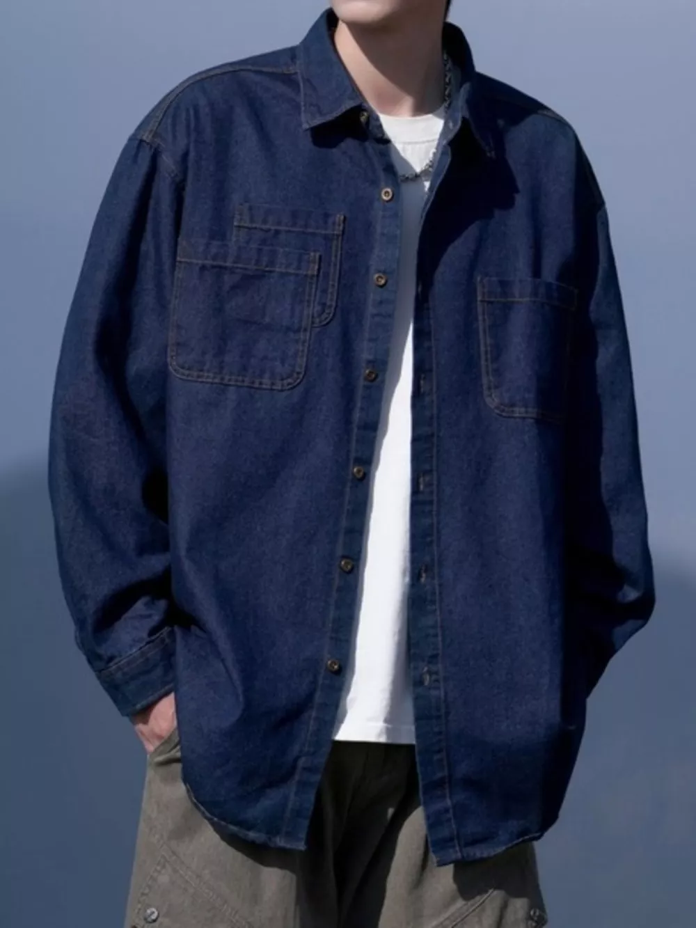 Men's Plus Size Button Up Long Sleeve Denim Shirt