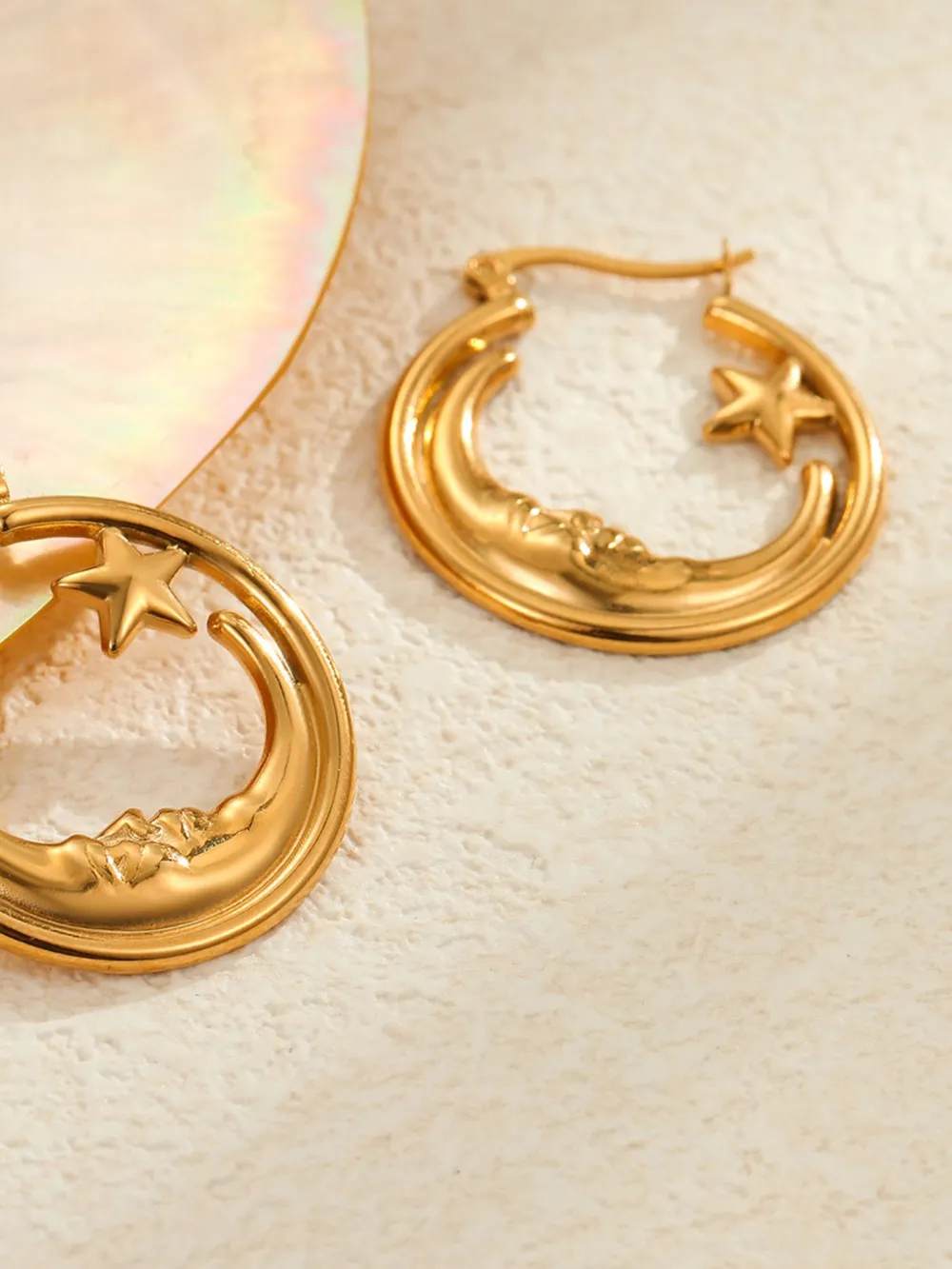 18K Gold-Plated Crescent Moon Star Hoop Earrings, image 4