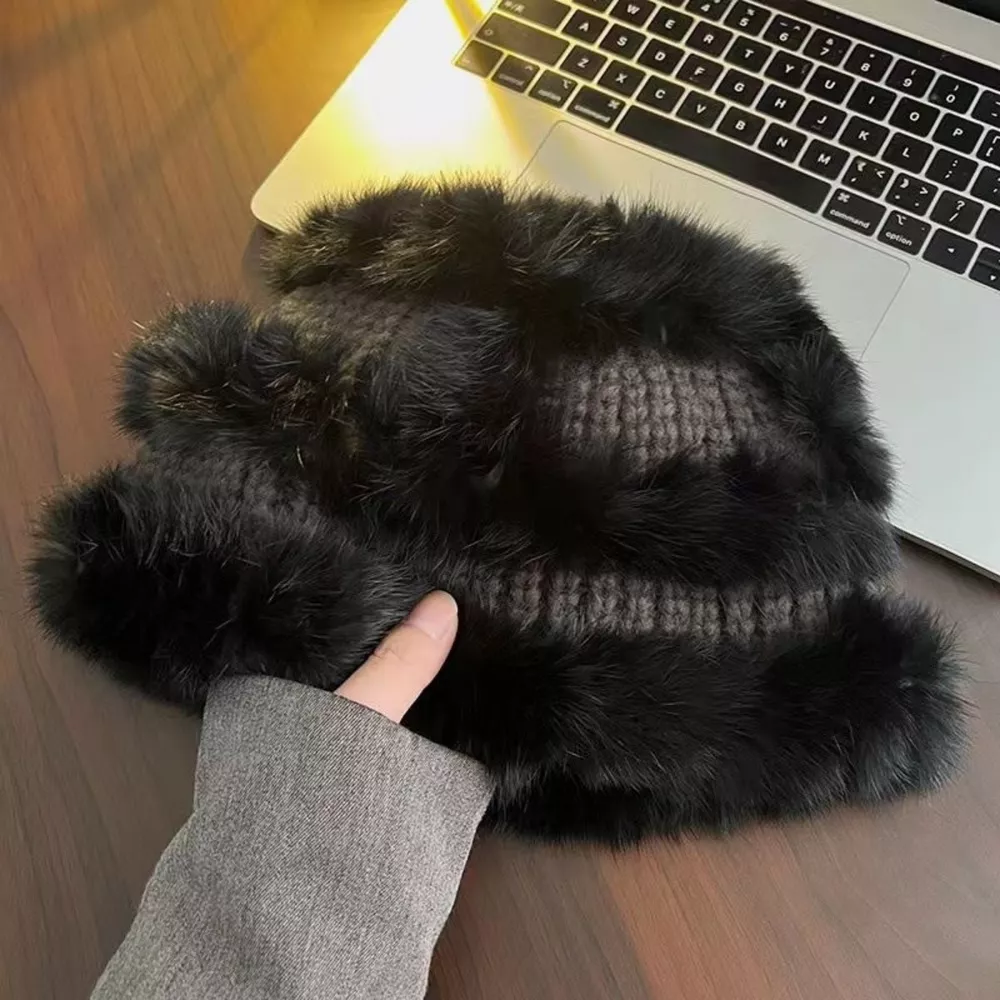 Fluffy Faux Fur Trim Knit Bucket Hat, image 5