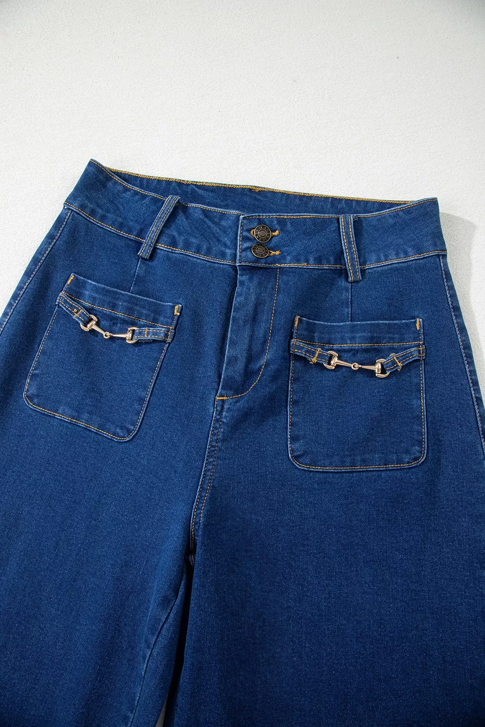 Hardware Decor Patched Pockets Wide Leg Jeans, image 5