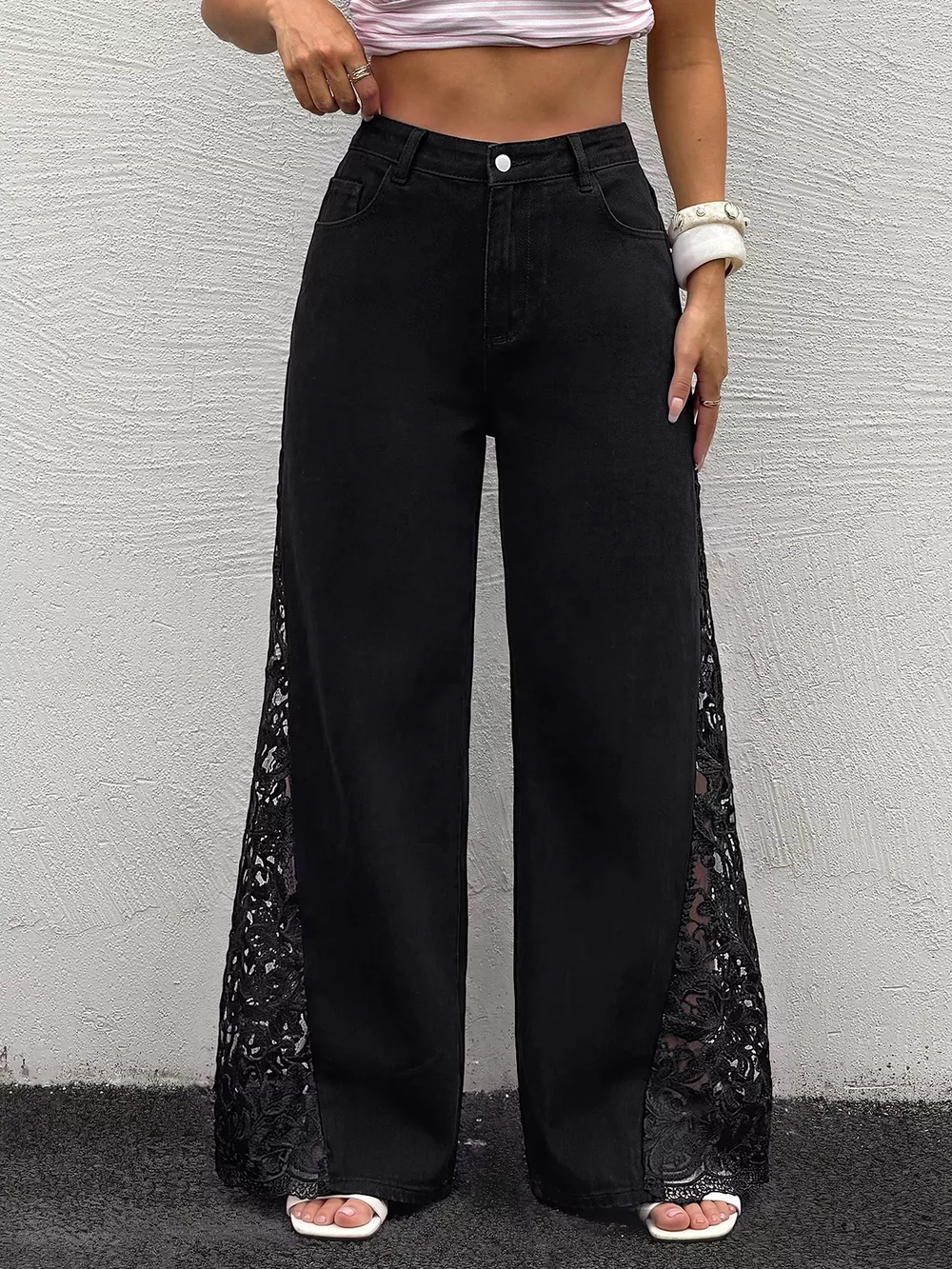Lace Detail Wide-Leg Jeans, image 4