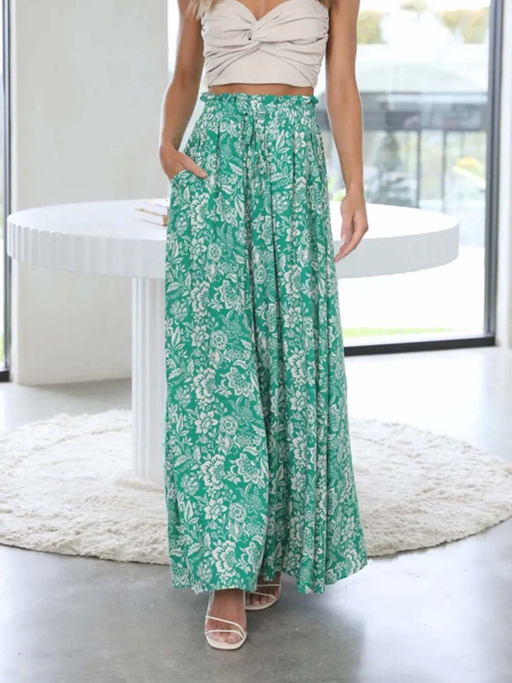 Drawstring Paperbag Waist Printed Wide Leg Pants, image 9