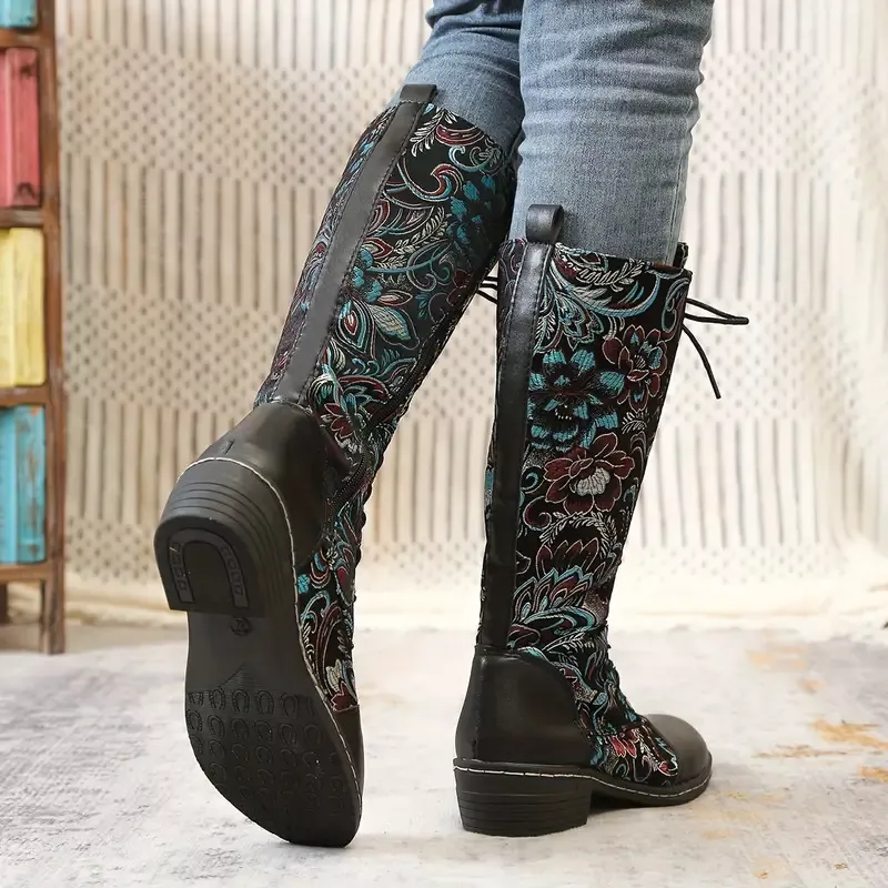 Embroidered Lace-Up Knee High Boots, image 6