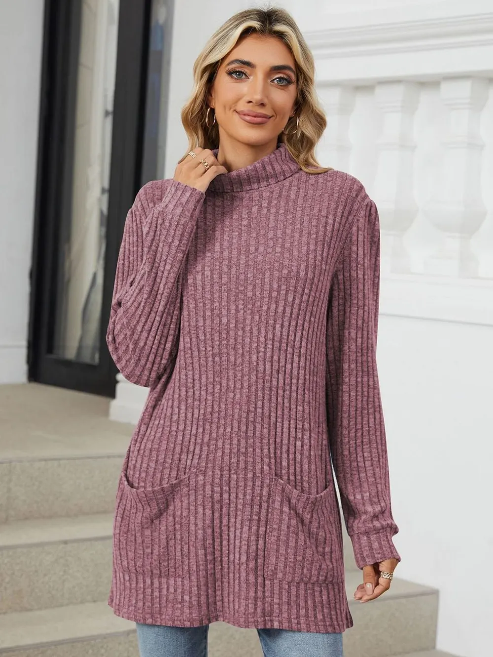 Ribbed Mock Neck Long Sleeve T-Shirt, image 4