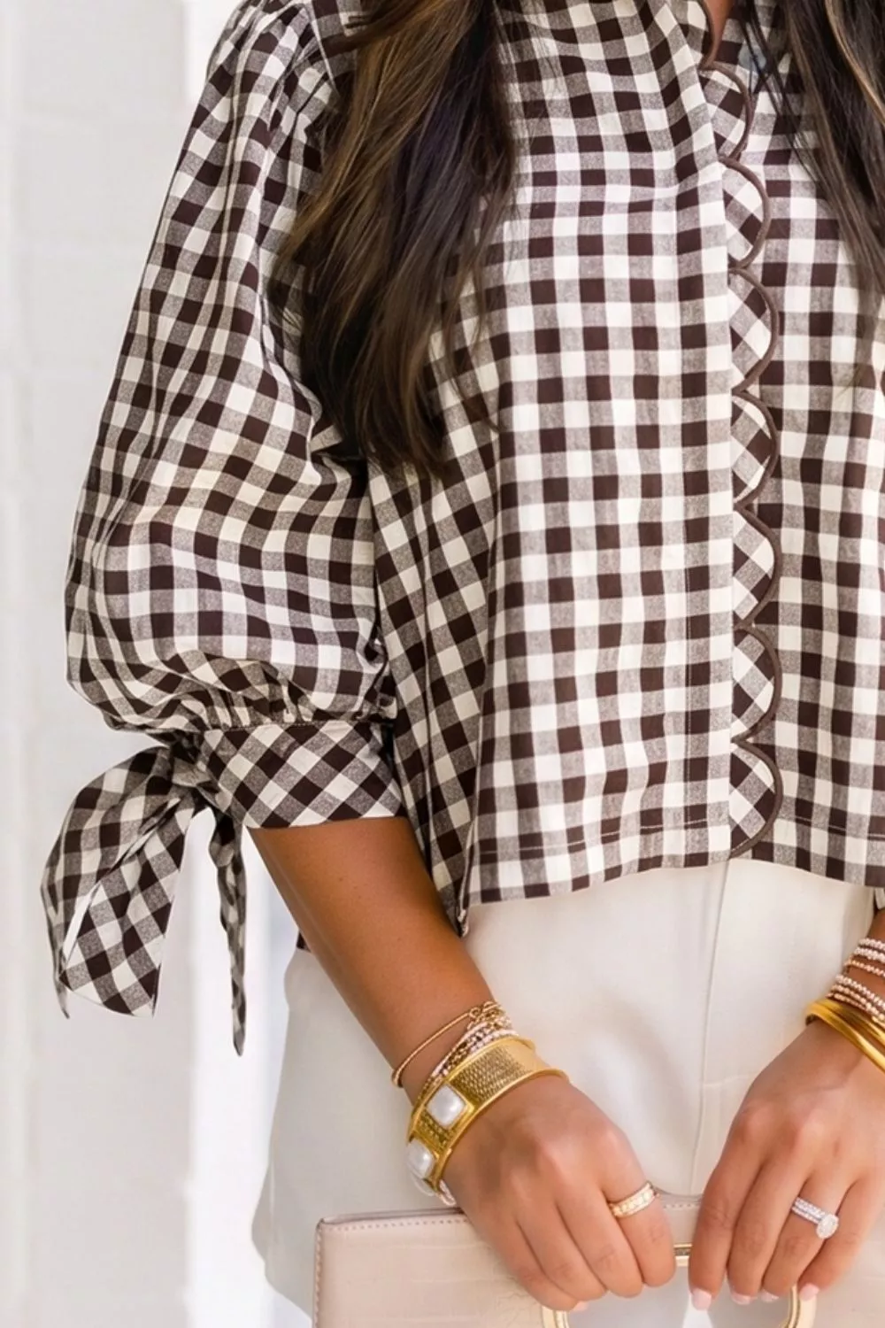 Gingham Scalloped Trim Tie Sleeve Shirt, image 3