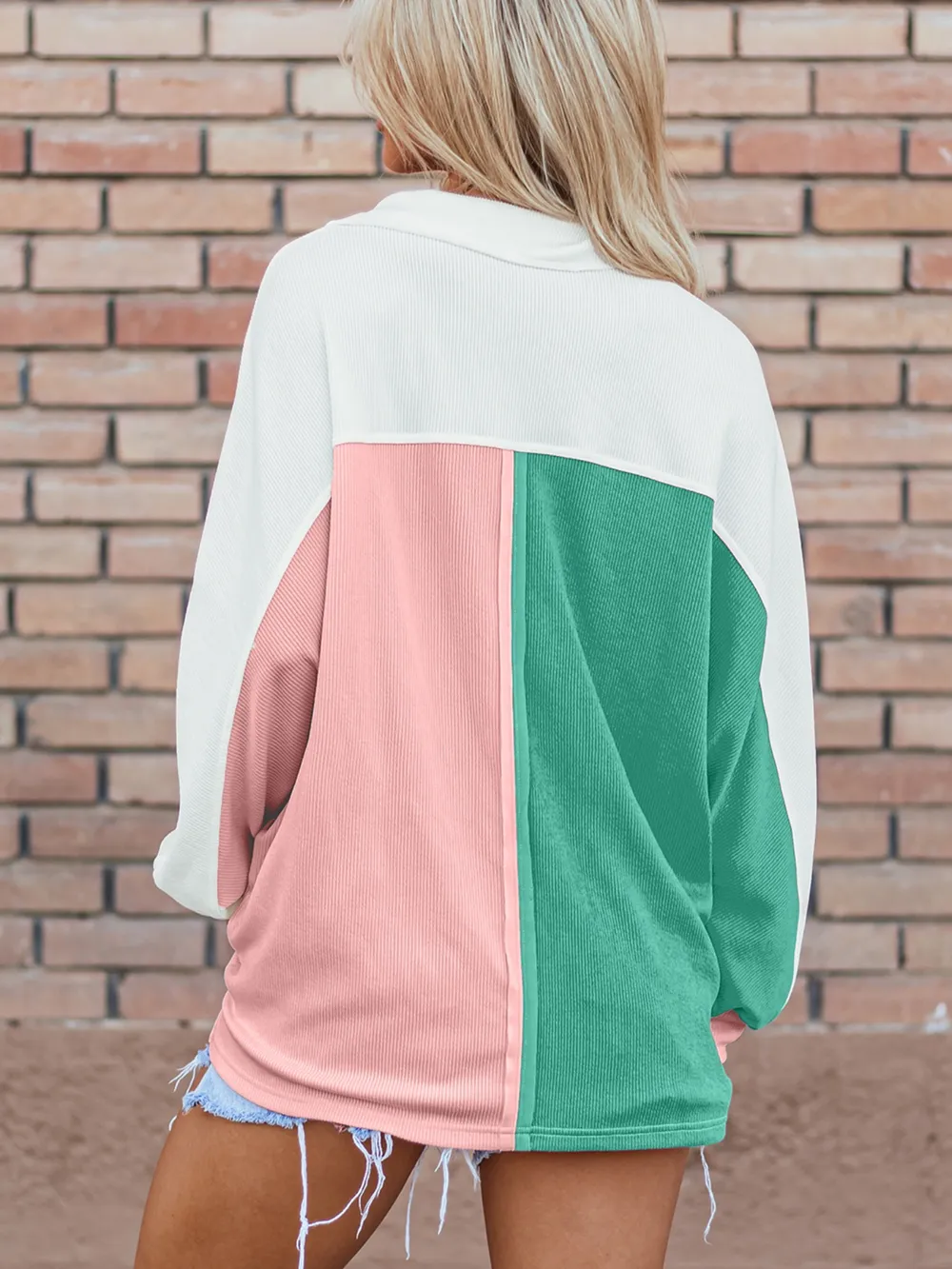 Color Block Button Front Collared Neck Sweatshirt, image 4