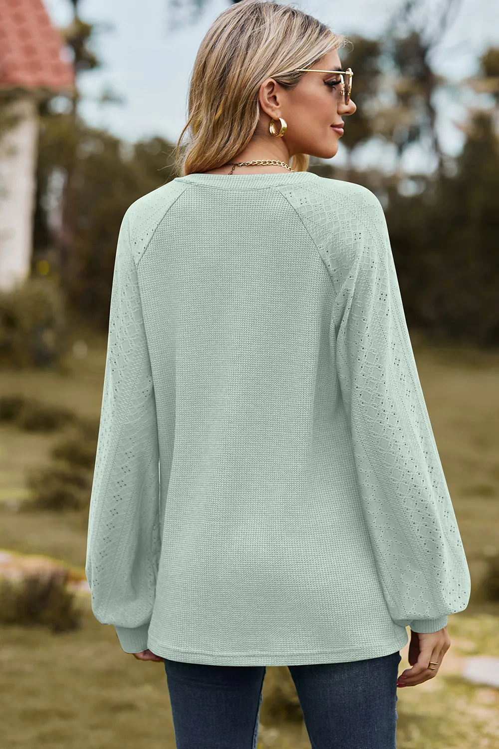 Eyelet Notched Raglan Sleeve T-Shirt, image 12