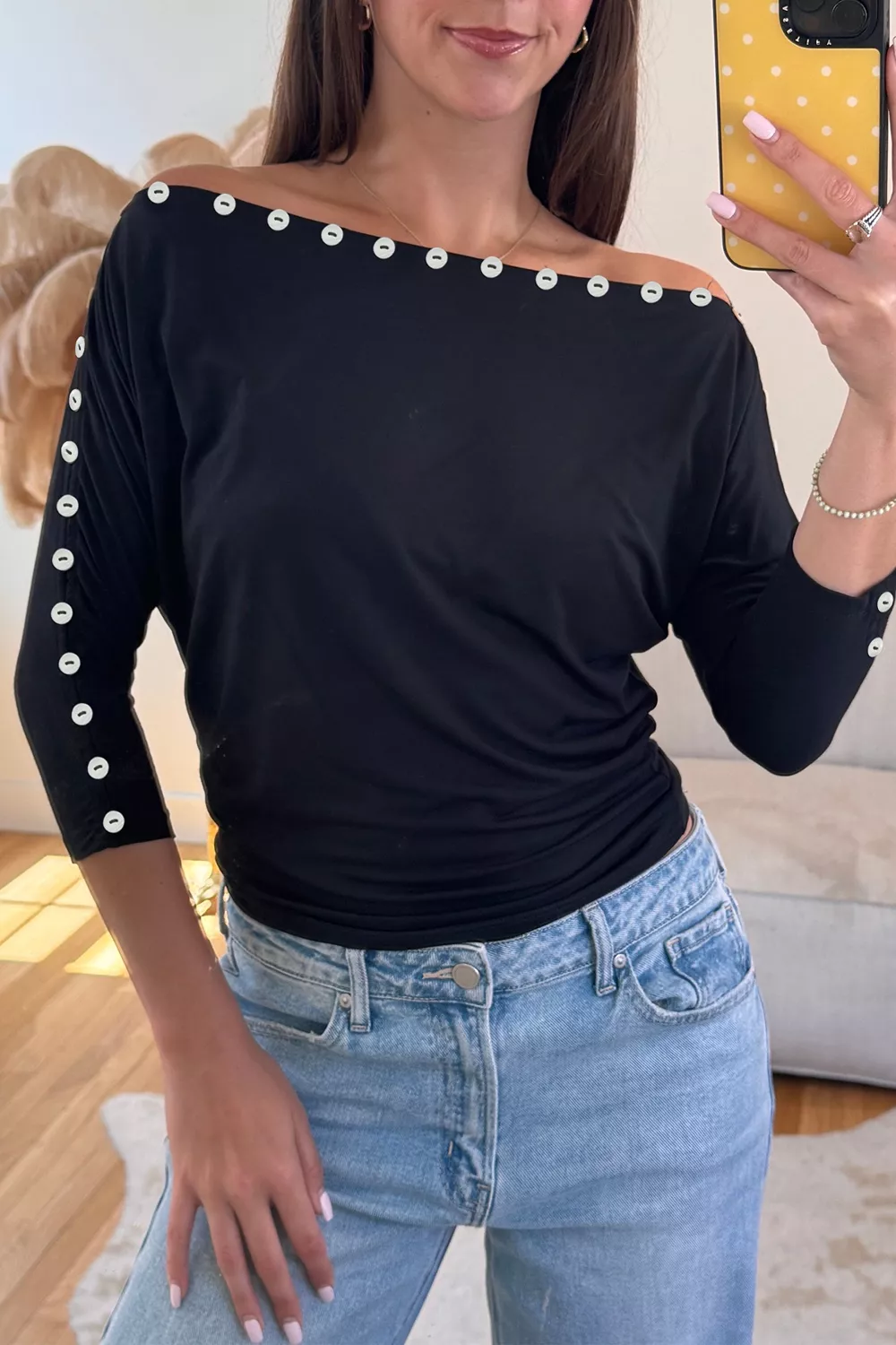 3/4 Sleeve Button Detail Off Shoulder Top