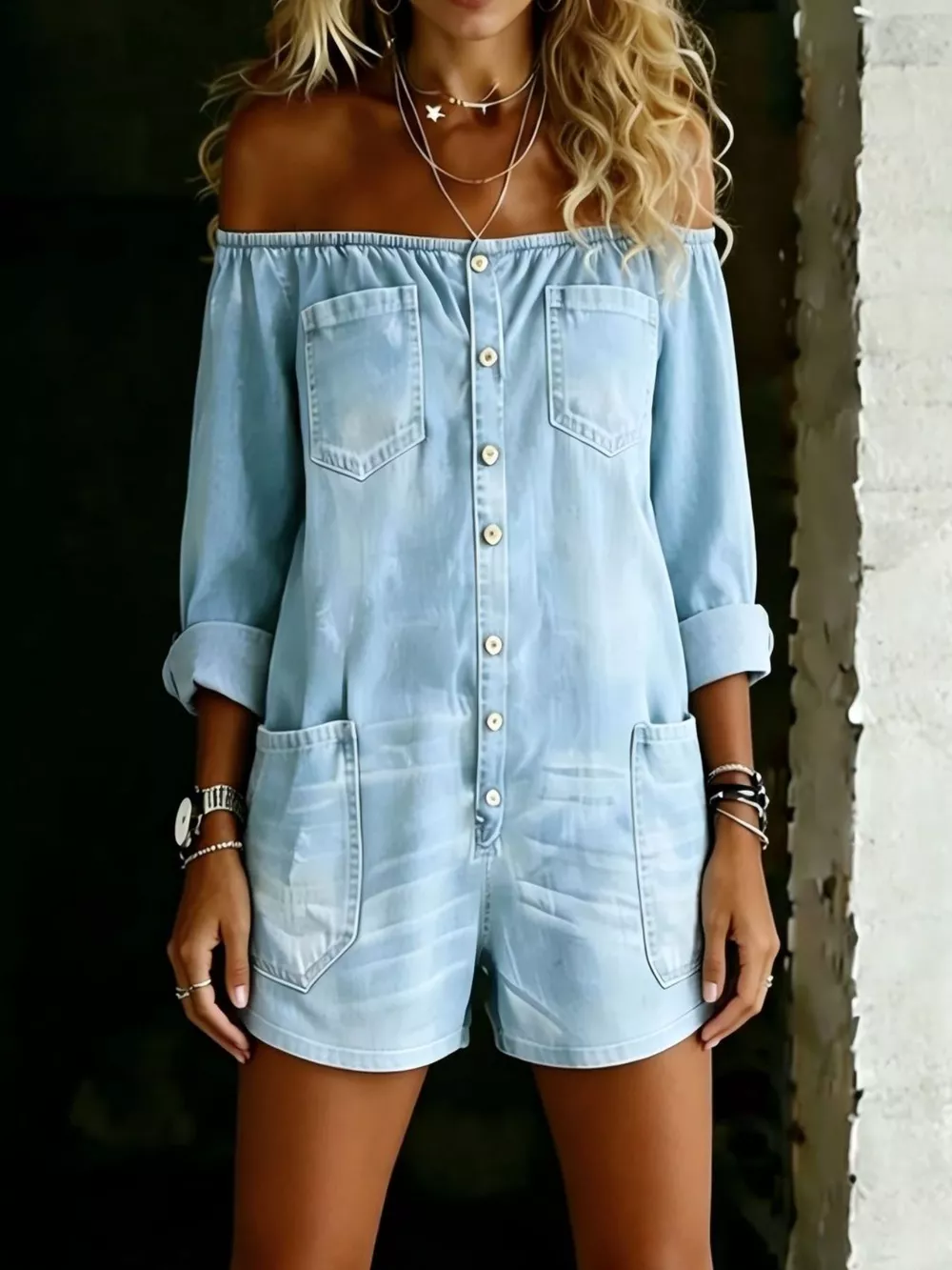 Full Size Button-Down Front Off Shoulder Romper Plus Size, image 2