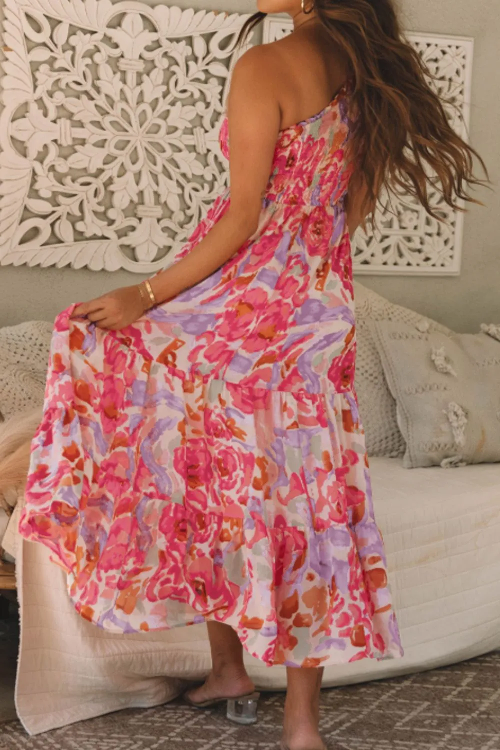 Floral Print Shirred One Shoulder Maxi Dress, image 4