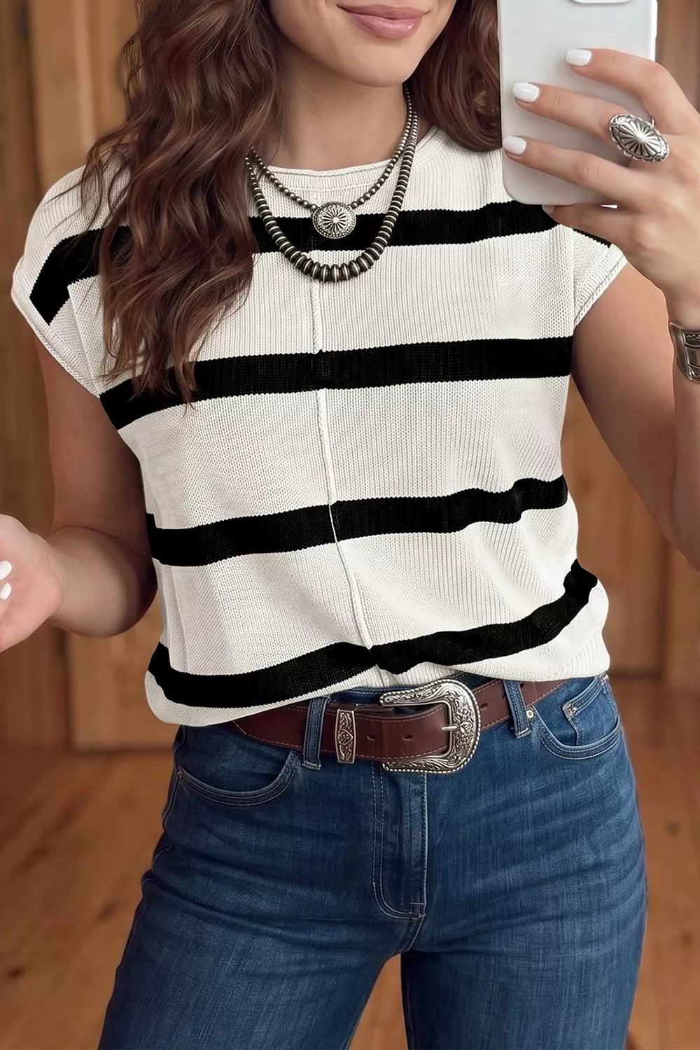 Stripe Knit Western Short Sleeve Sweater, image 4