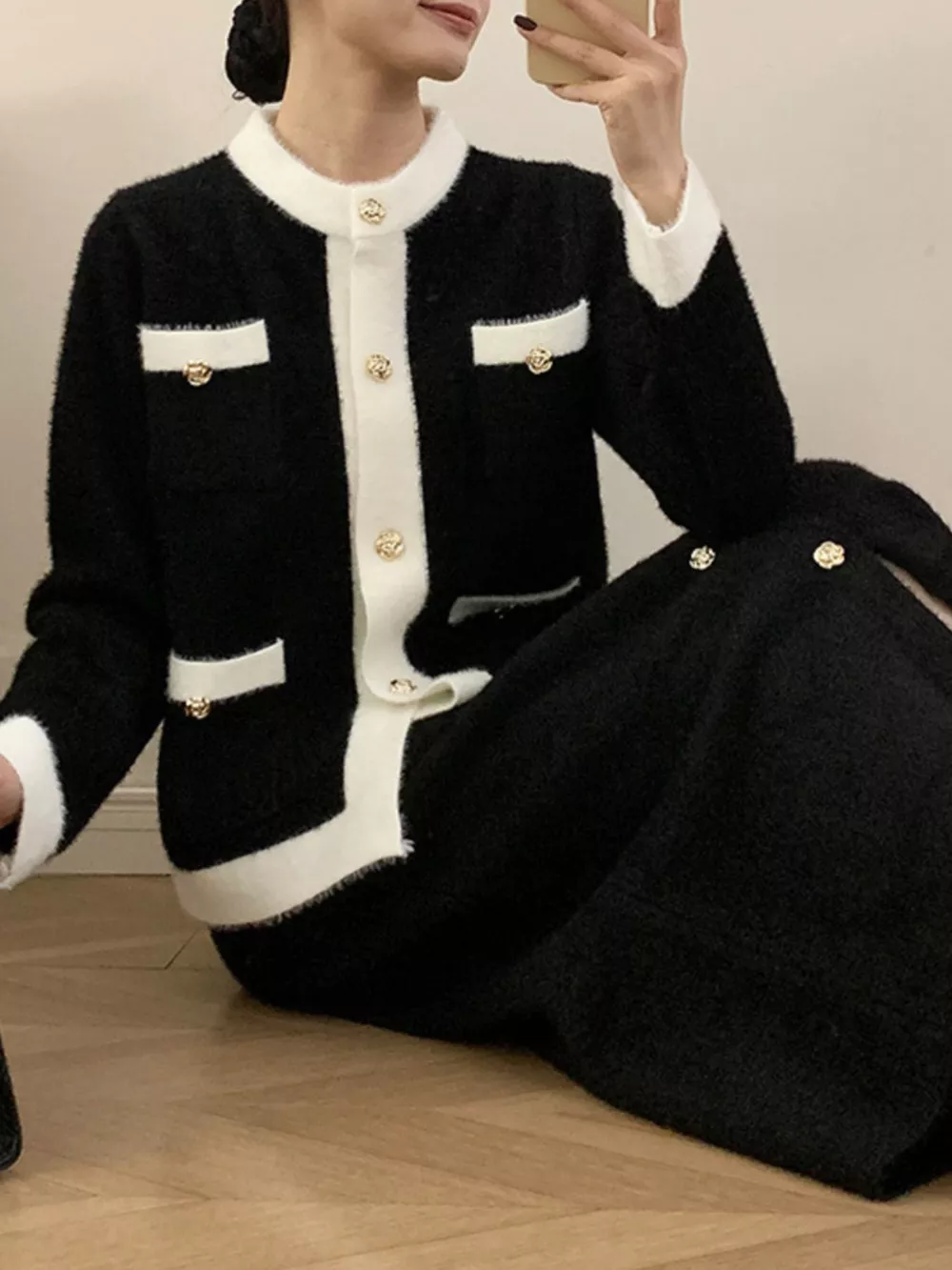 Contrast Trim Jacket and Skirts Sweater Set, image 16