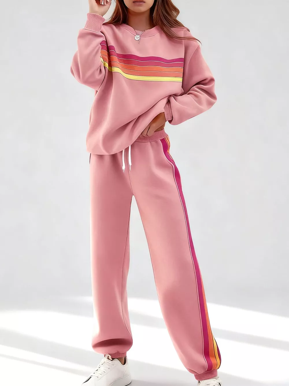 Striped Round Neck Sweatshirt and Pants Set, image 9