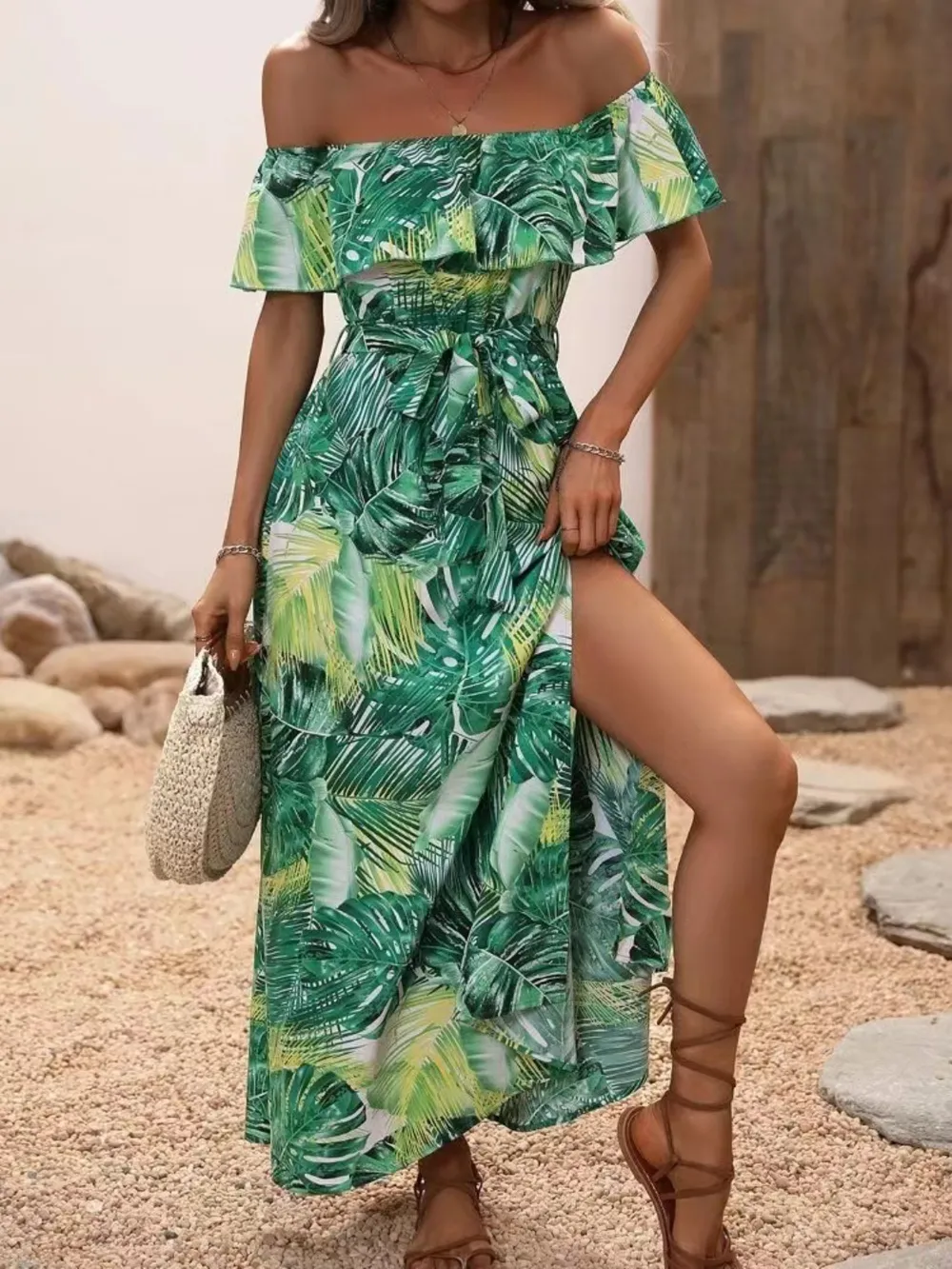 Ruffled Printed Off Shoulder Maxi Dress