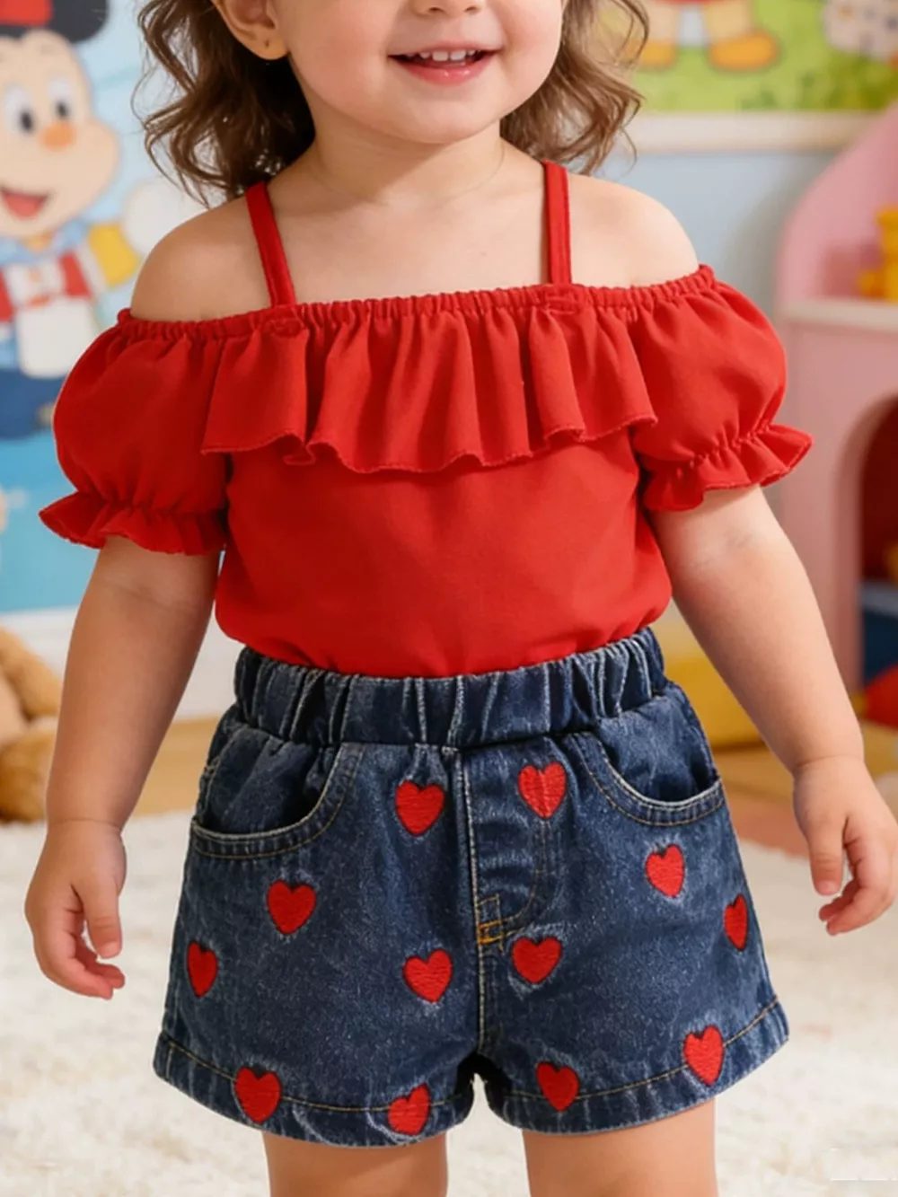 Children's Ruffled Top & Heart Embroidered Denim Shorts Set, image 2