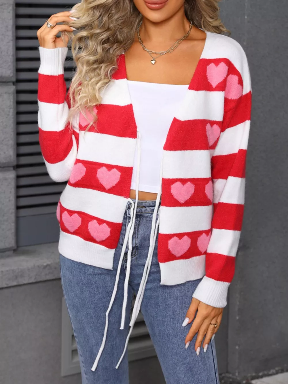 Valentine's Day Heart Pattern Striped Tie Front Cardigan, image 6