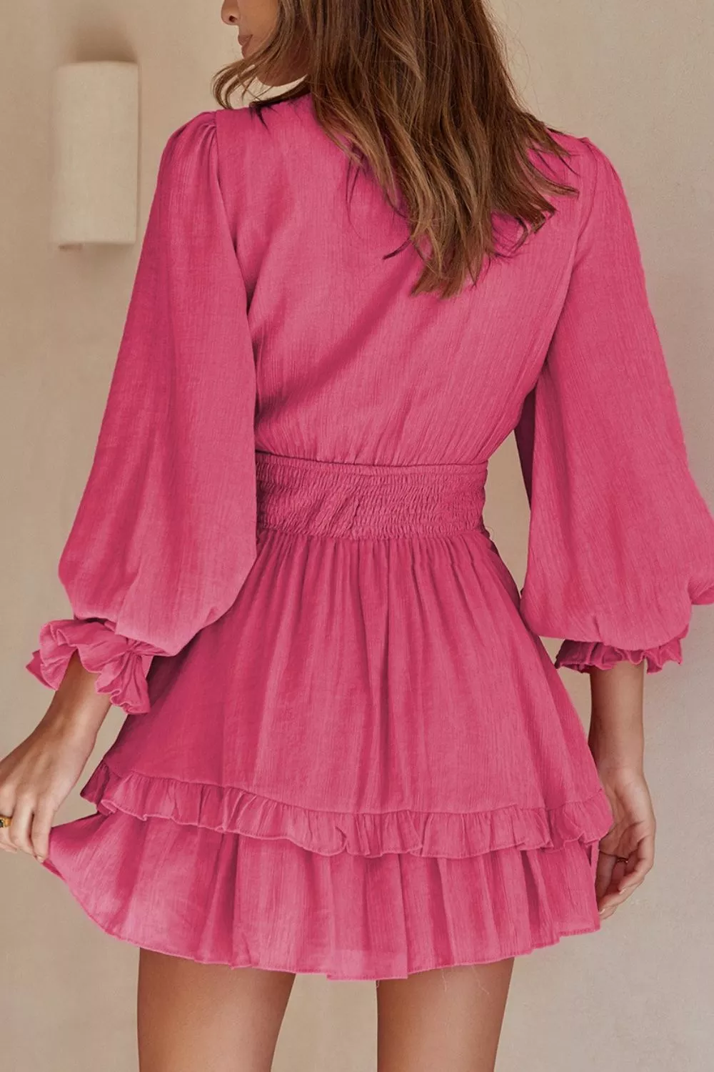Elegant Tie-Front Ruffle Mini Dress with Smocked Wiast, image 12