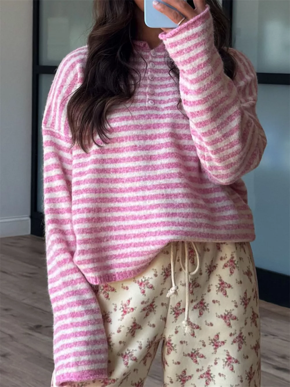 Button Detail Dropped Shoulder Striped Sweater, image 3