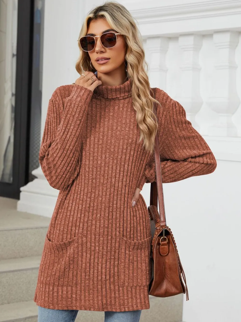Ribbed Mock Neck Long Sleeve T-Shirt, image 29