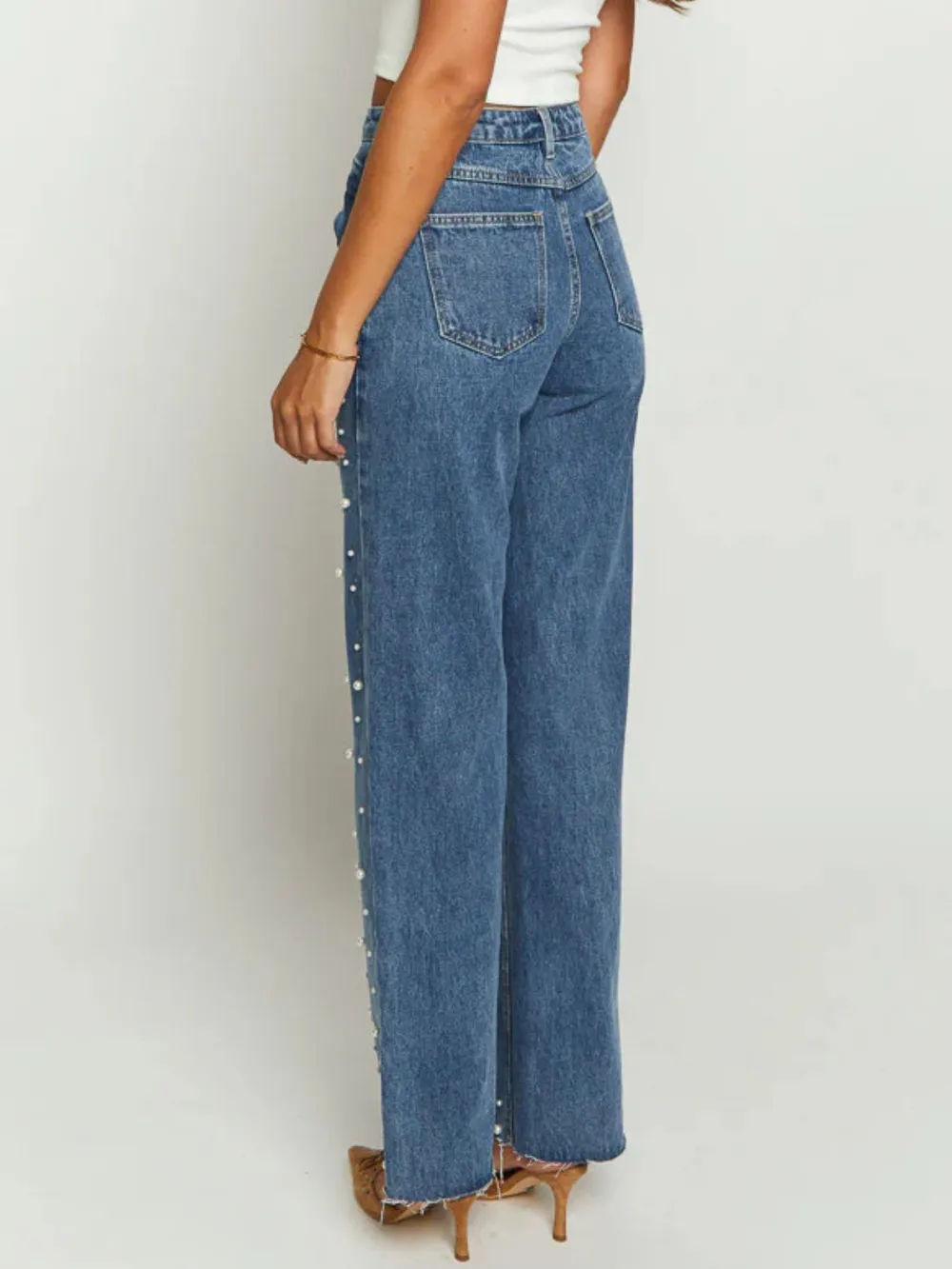 Pearl Embellished High Waist Straight Leg Jeans, image 3
