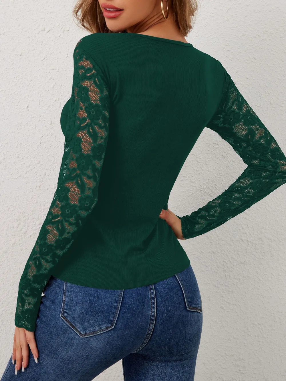 Lace Wavy Hem V-Neck Long Sleeve Top, image 15