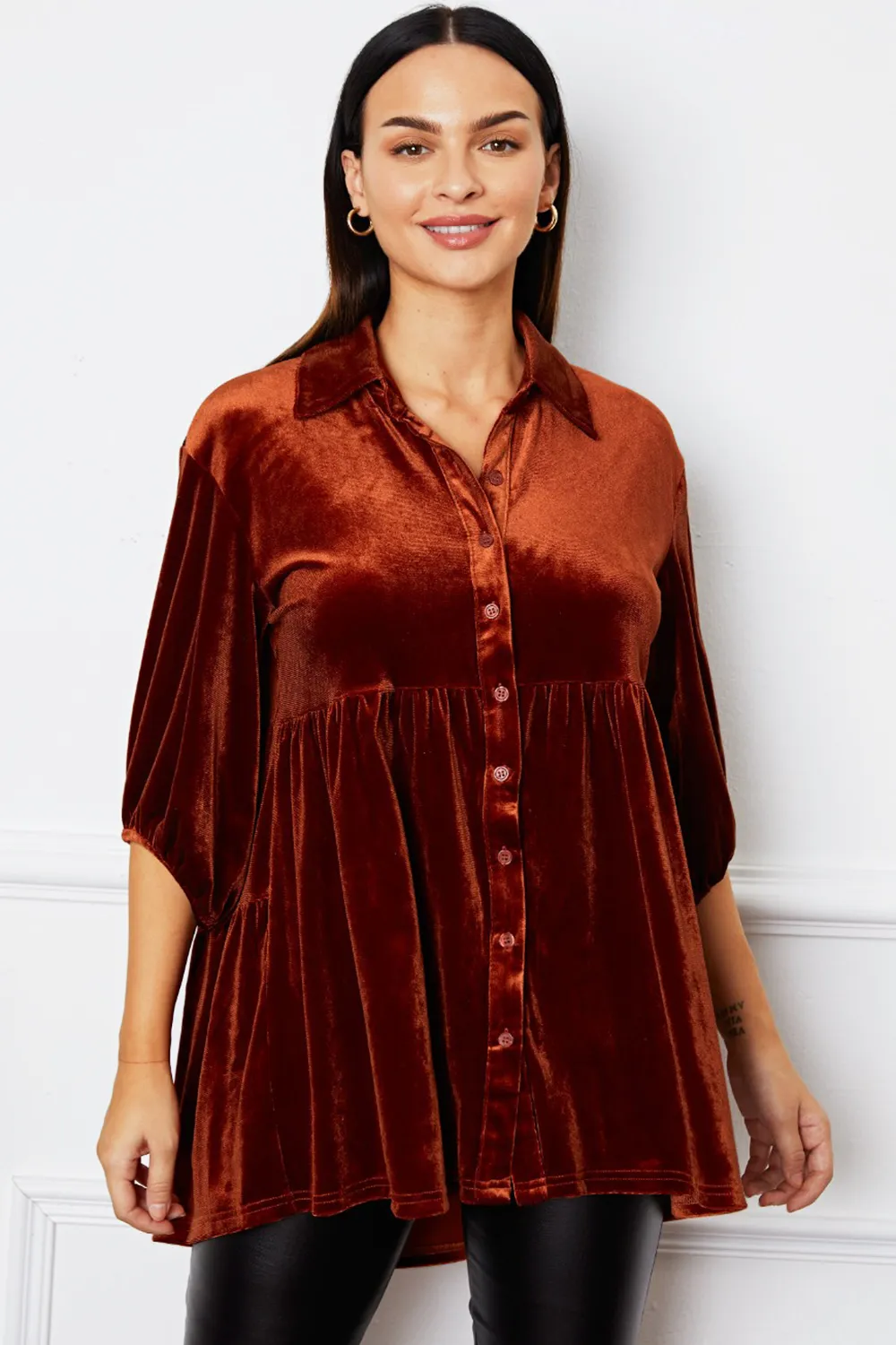 Velvet Tiered Button Up Collared Neck Shirt, image 9
