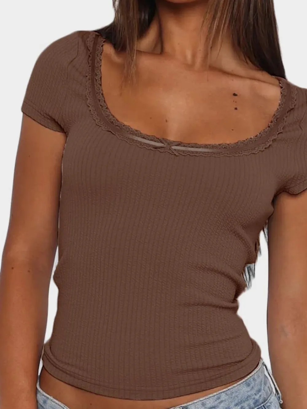 Lace Detail Scoop Neck Short Sleeve T-Shirt, image 12