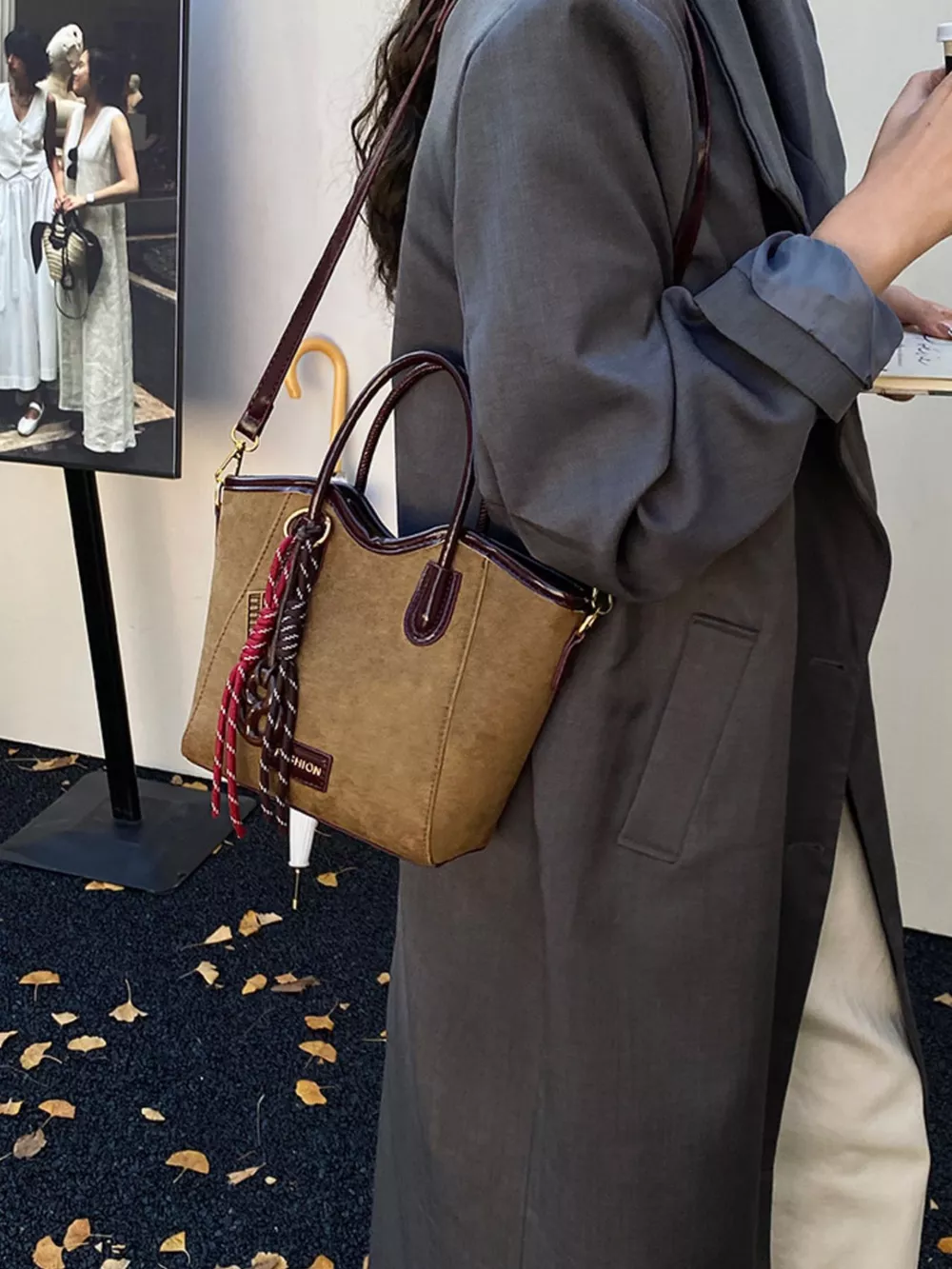Suede Leather Strap Tote Bag, image 9