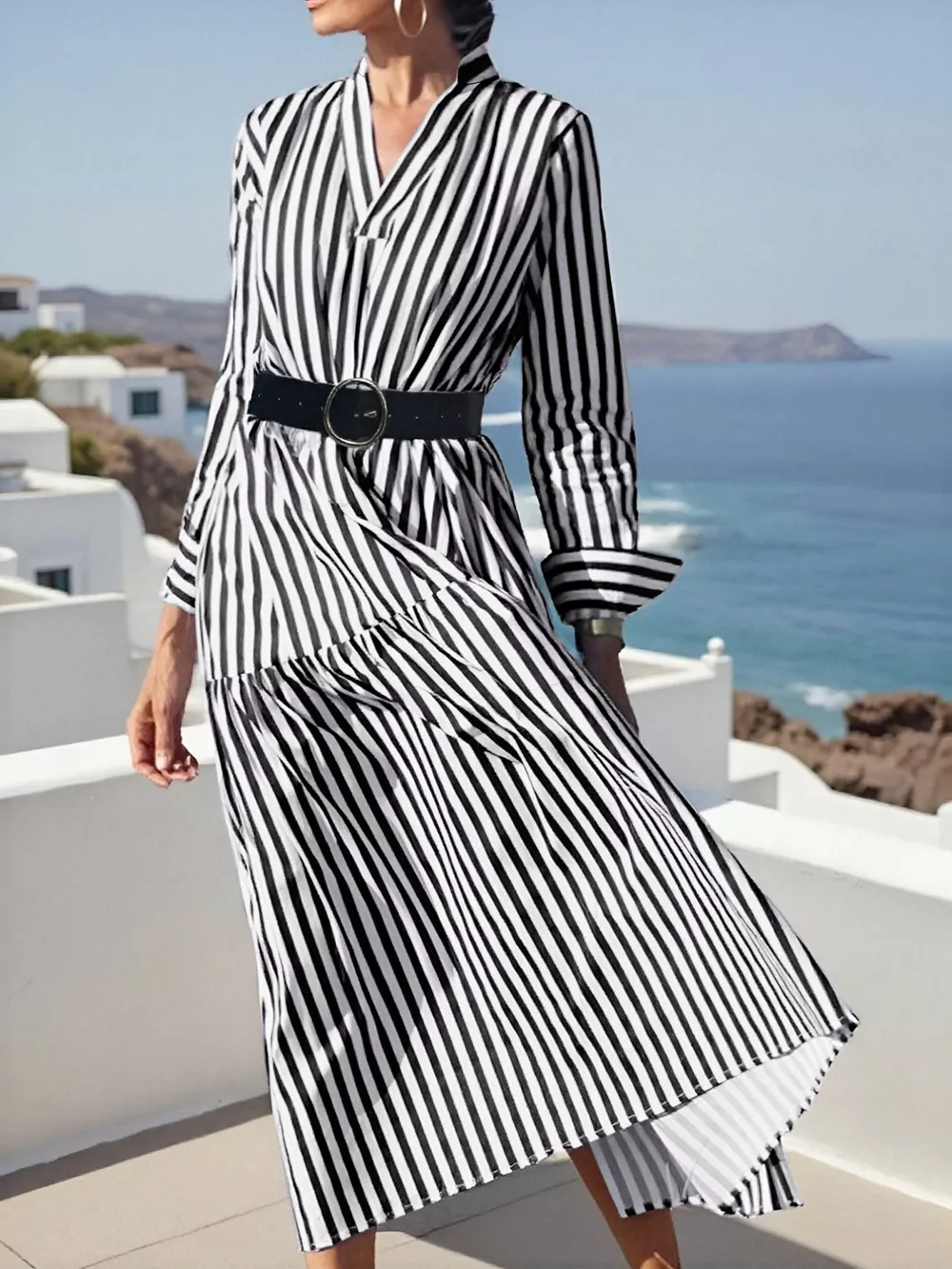 Striped Notched Long Sleeve Midi Dress, image 4