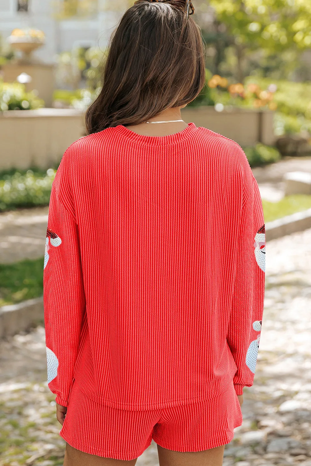 Sequin Santa Round Neck Long Sleeve Top and Shorts Set, image 2